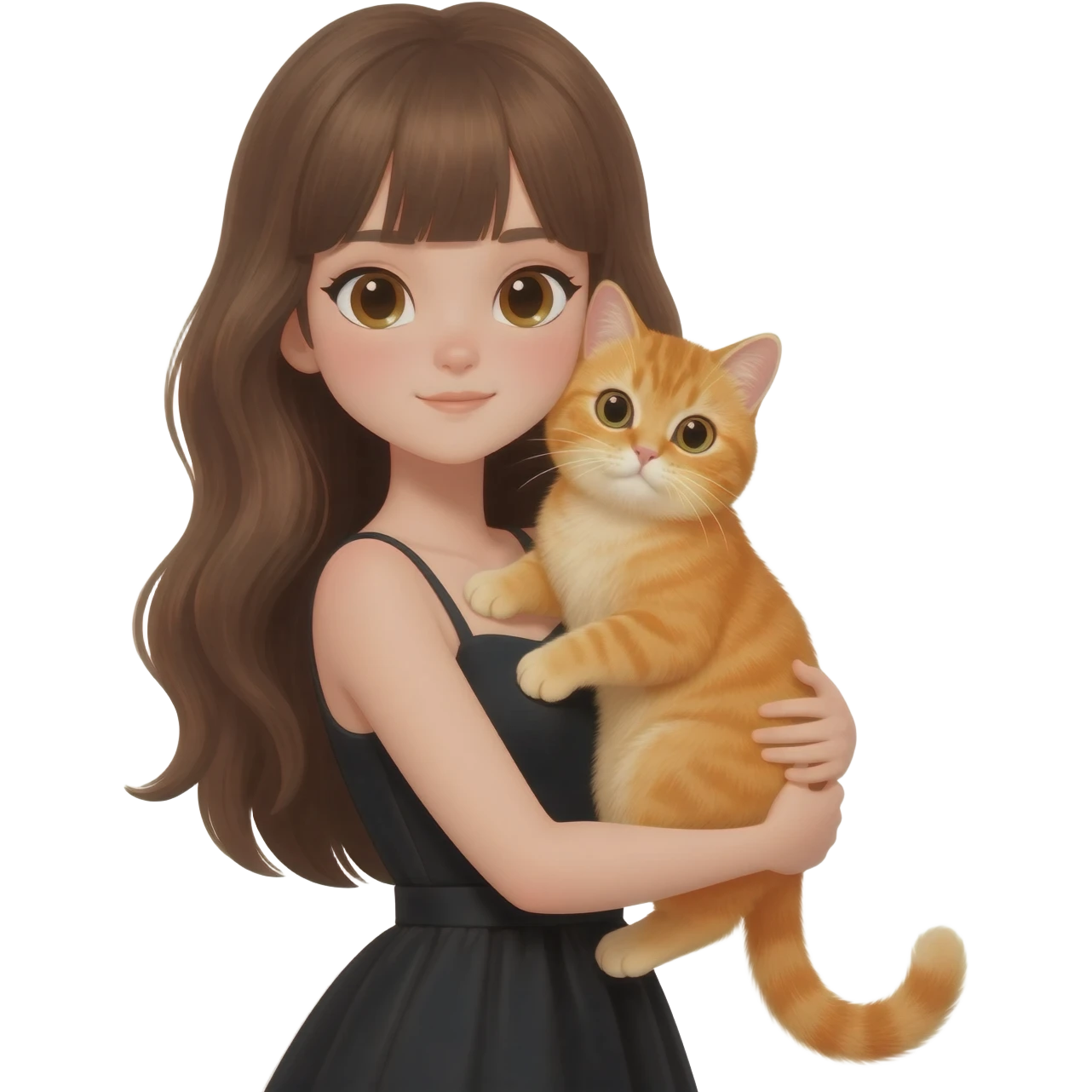 british Baby cat orange with girl long brown hair And black dress and bang hair emoji