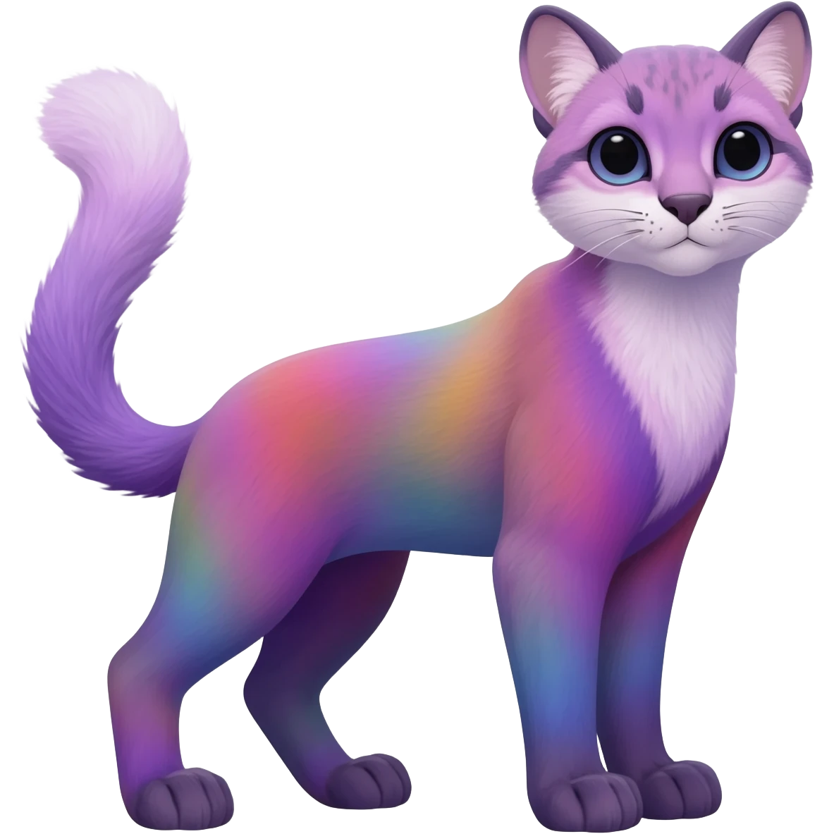 Colorful dark tropical pastel-lilac-lavender-violet iridescent pastel white glorious divine exotic cute cool beautiful shiny beautiful fantasy-caracal-civet-genet-sergal-vernid-Cacomistle-oncilla-animal-Fakémon-hybrid-fursona (full body) emoji