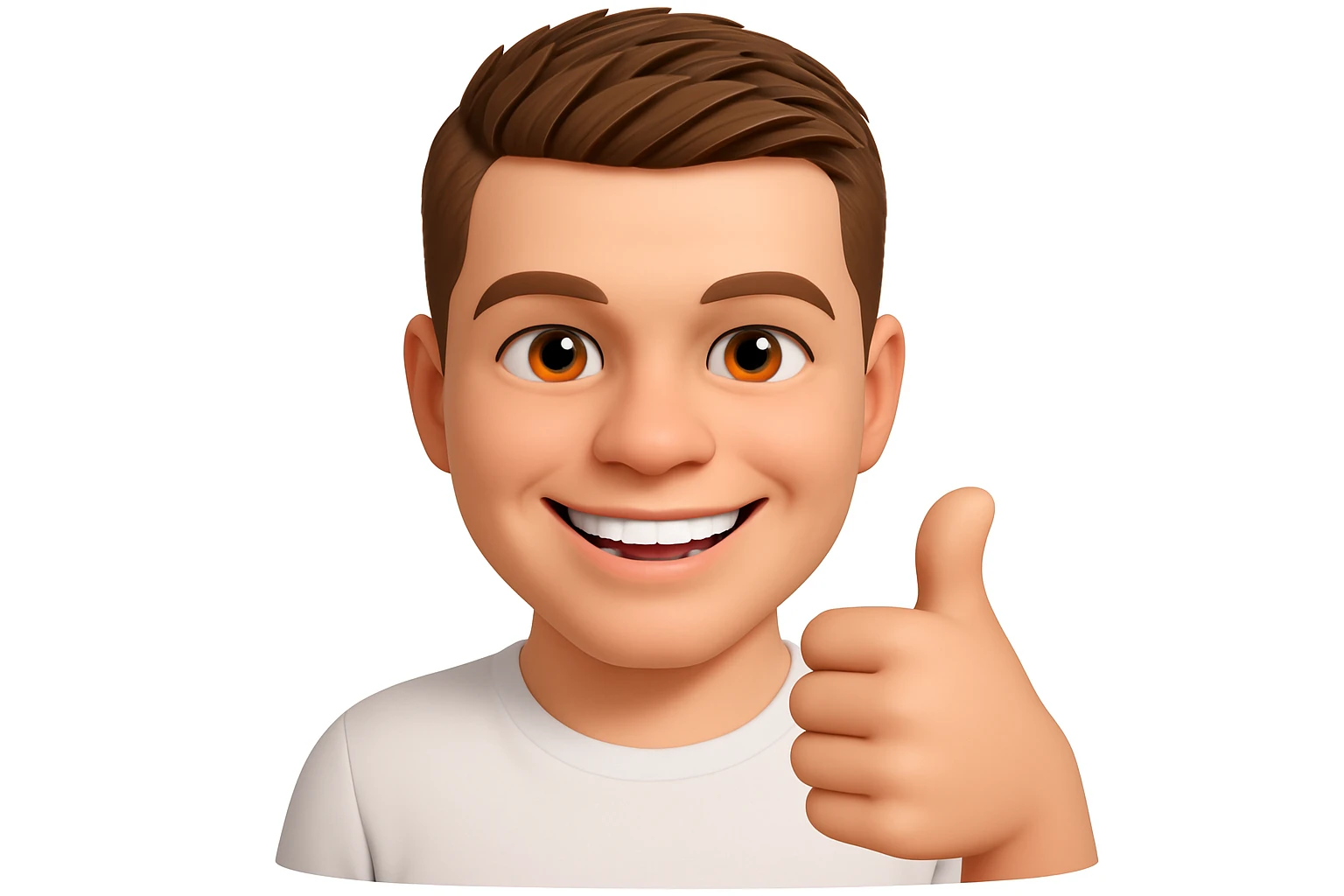 Based on these photos, make an emoji with facial features intact, a man in a white T-shirt, giving a thumbs up and smiling approvingly emoji