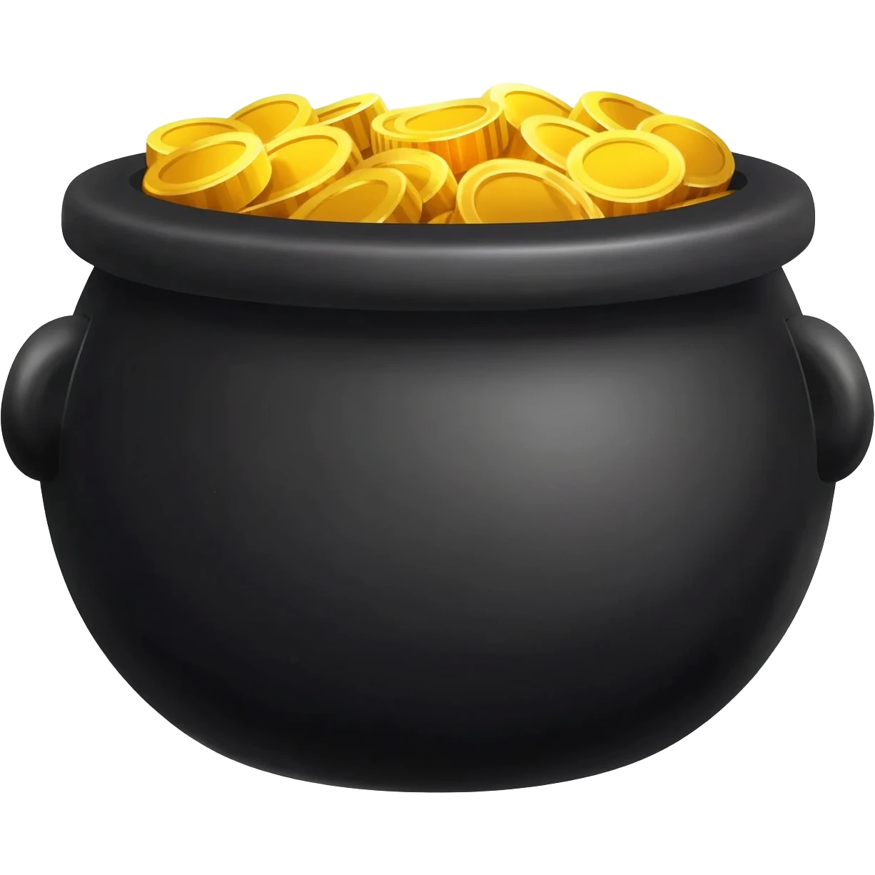 A heavy black cast iron cauldron filled to the brim with glowing gold coins. 3D isometric style, high gloss, shiny metallic texture, vibrant yellow gold, clean white background, Apple emoji aesthetic, soft studio lighting. emoji