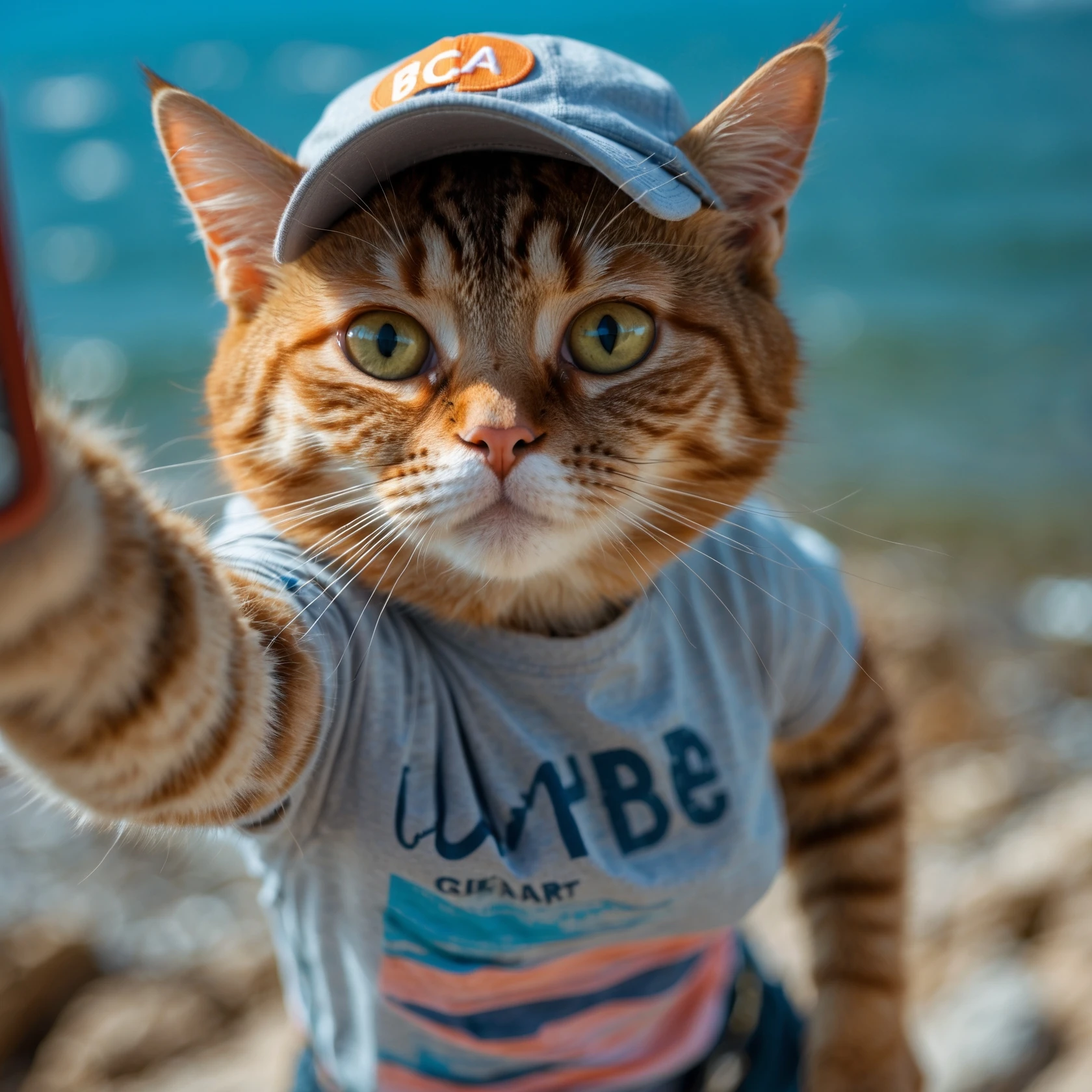Orange tabby cat in a t-shirt and cap taking selfies against the background of beach and blue sea, shot with an 85 mm f/11 lens, ISO 100, 8K RAW, no blur emoji