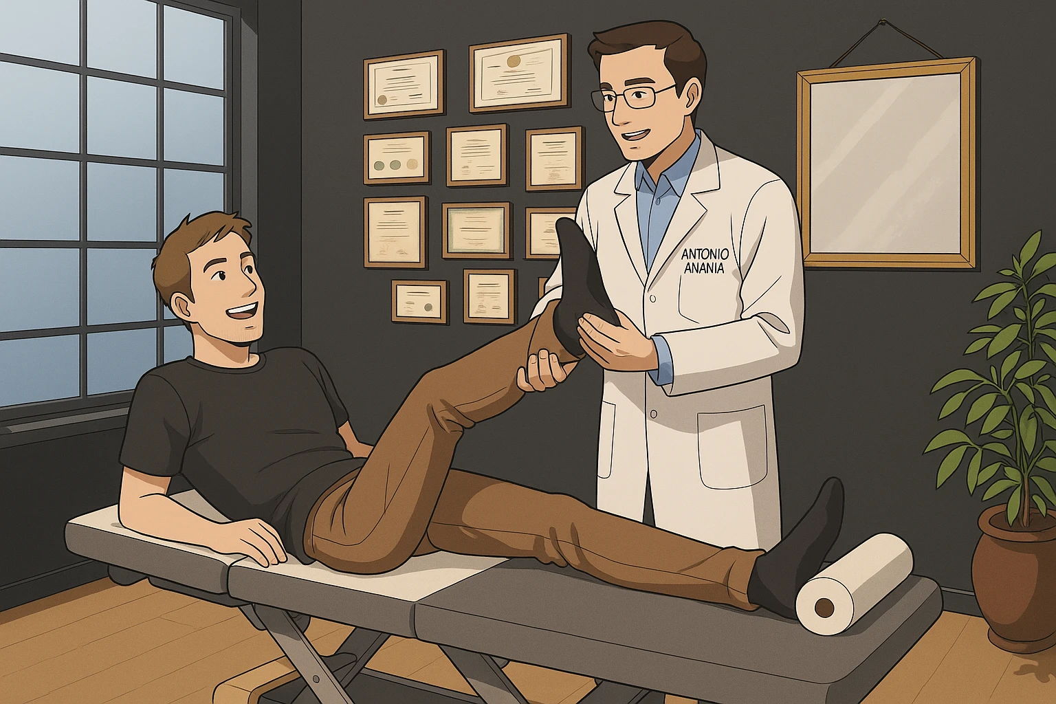 su questo lettino rappresenta un webtoon manga a colori con questo stile, in cui un uomo è steso sul lettino medico e il kinesiologo con il camice bianco (fagli anche la scritta "ANTONIO ANANIA" SUL CAMICE, gli solleva una gamba per fargli il test neuromuscolare, IL KINESIOLOGO SPIEGA ALL'UOMO UNA cosa mentre gli alza la gamba. l'espressione dell'uomo è felice e soddisfatta, non fare i fumetti però, fai solo in modo che sembri stiano parlando emoji