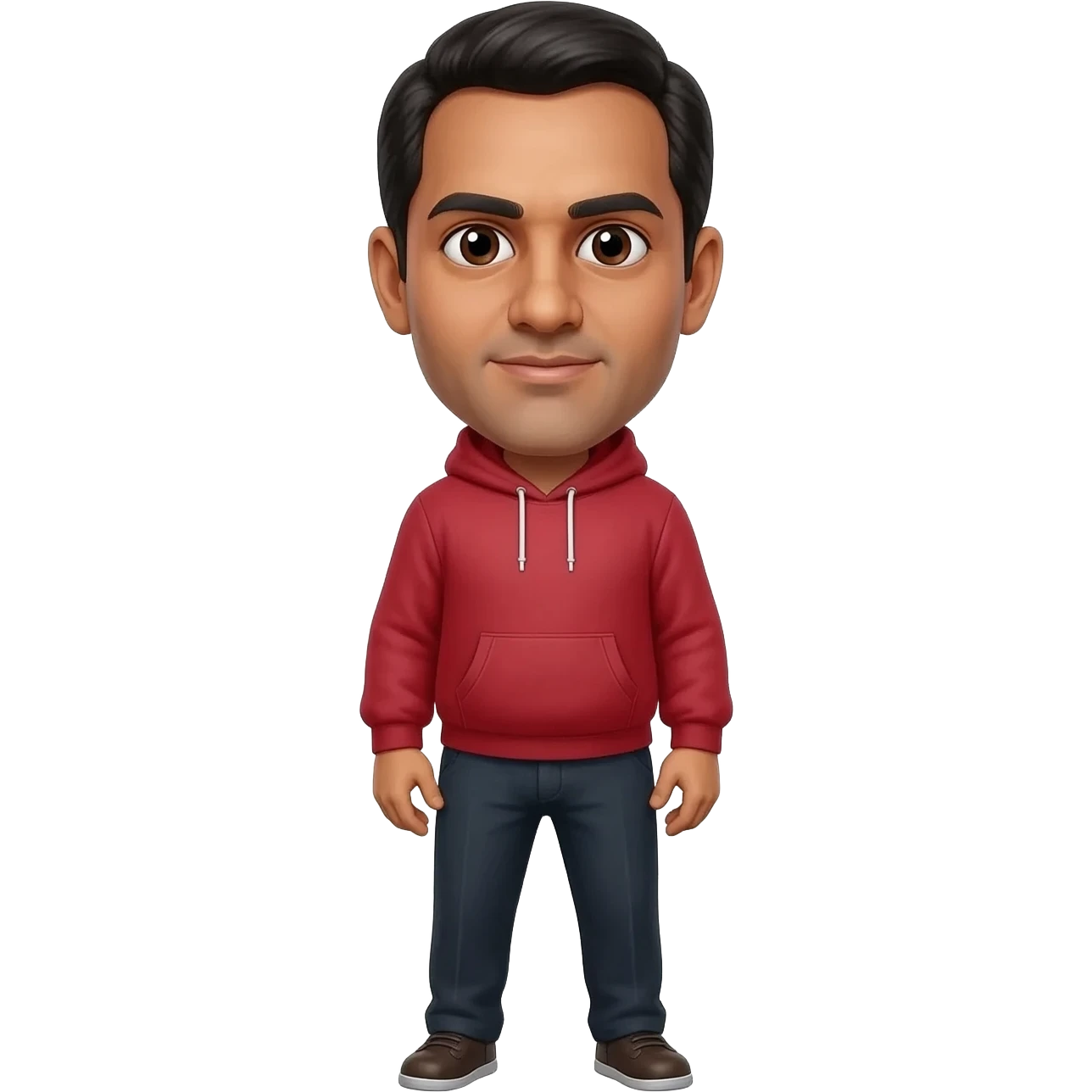 fbi director Kash Patel an Indian man with bulging eyes, in a realistic photo style full body wearing a red hoodie emoji