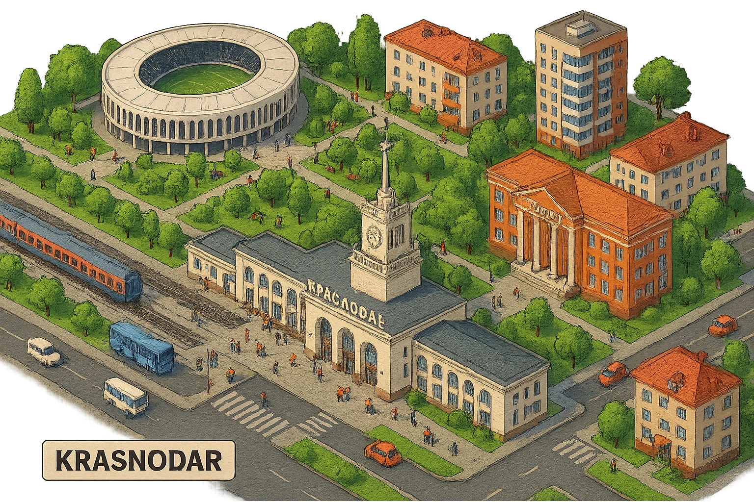 Изометричная миниатюрная фотореалистичная 3D модель панорамы Краснодара - вокзал Краснодар, КубГМУ, парк Краснодар со стадионом, краснодарские дома, автотранспорт четкие линии, яркие цвета, мультяшный реализм, люди, автотранспорт, компактная композиция, вид сверху в изометрии, прозрачный фон emoji