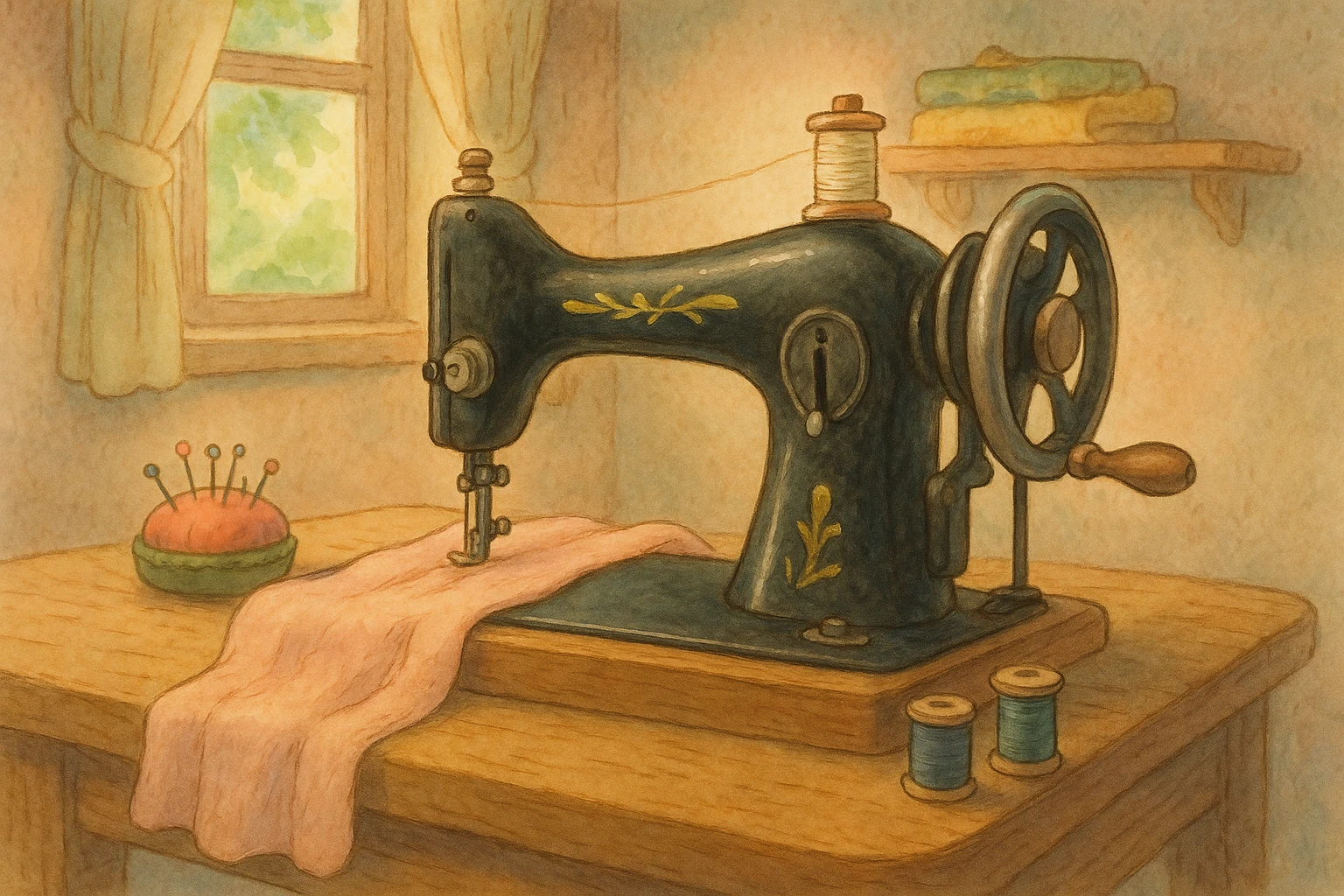 sewing machine, ghibli style, soft realistic details, gentle colors emoji