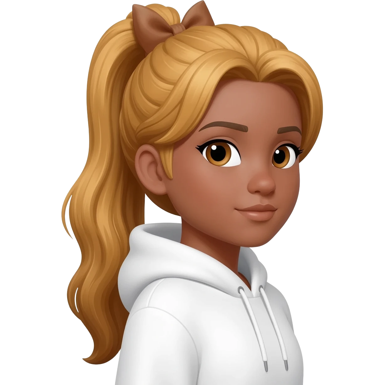 Long, golden-brown hair tied with a bow, wearing a cool white hoodie, and with a tan complexion. emoji