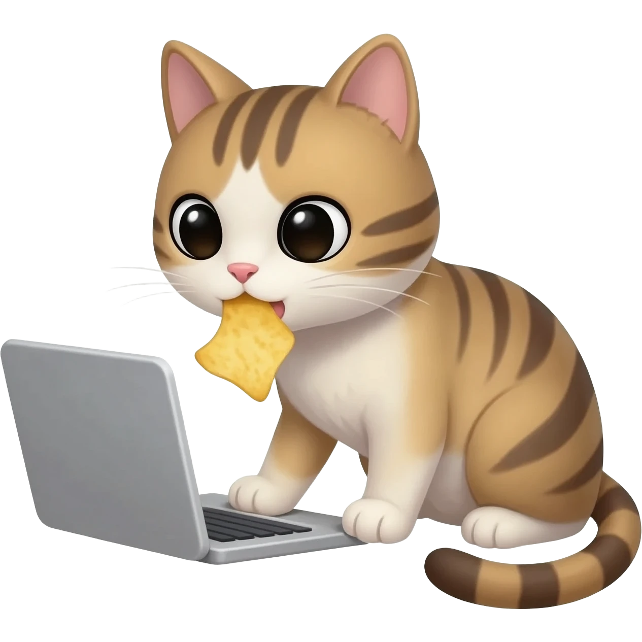 Я хочу кота сидящего за компьютером и он ест чипсы! emoji