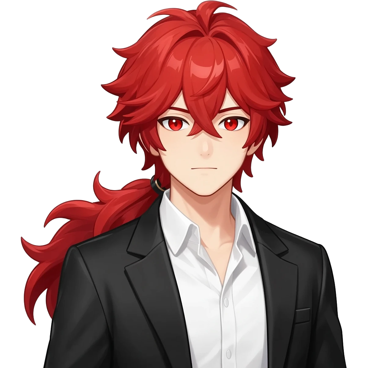 Handsome gorgeous anime man with bright-red hair, thick long messy wavy ponytail, red eyes, white shirt, black jacket, stone face, Diluc from Genshin Impact emoji