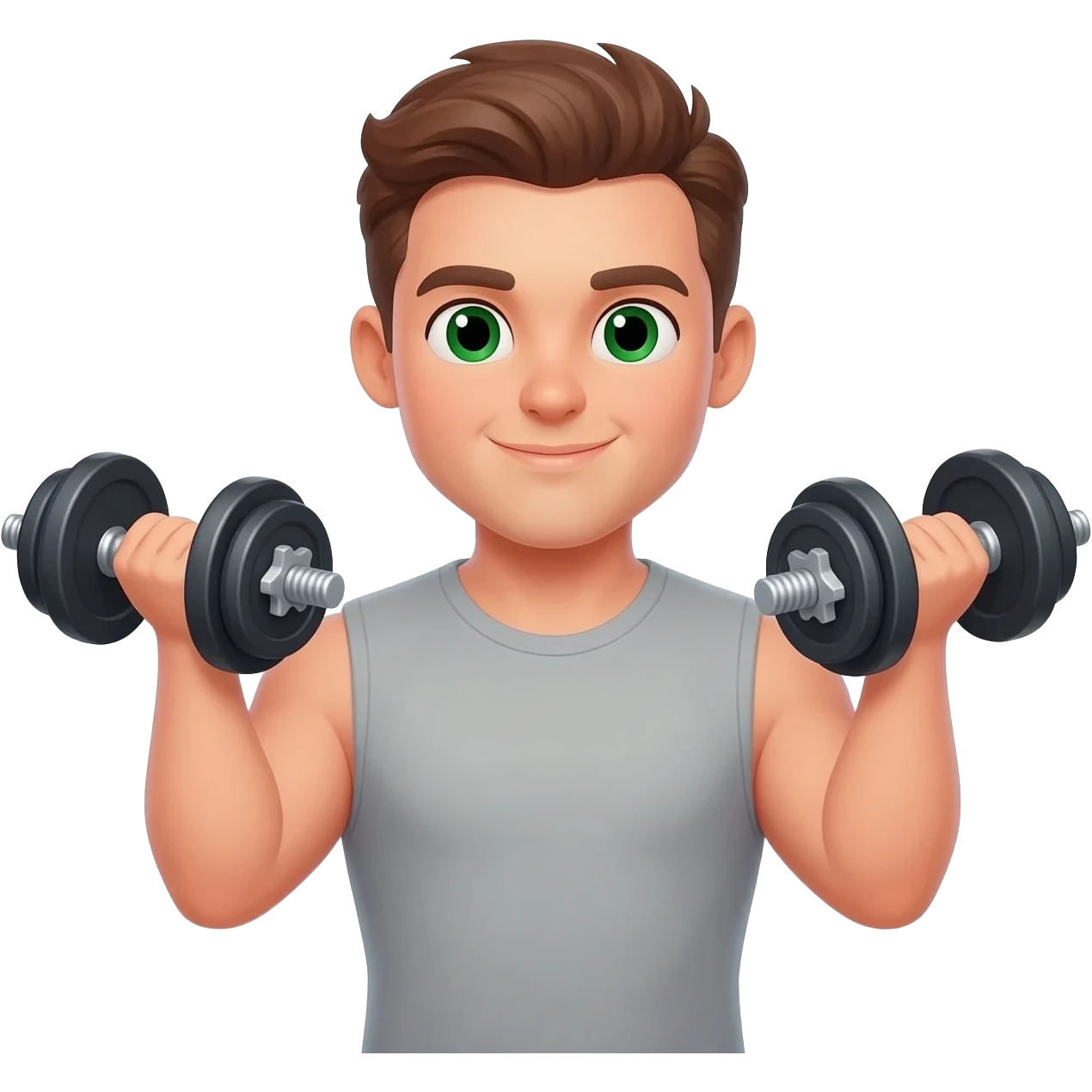 White fitness men with brown hair and green eyes with dumbbells in their hands emoji