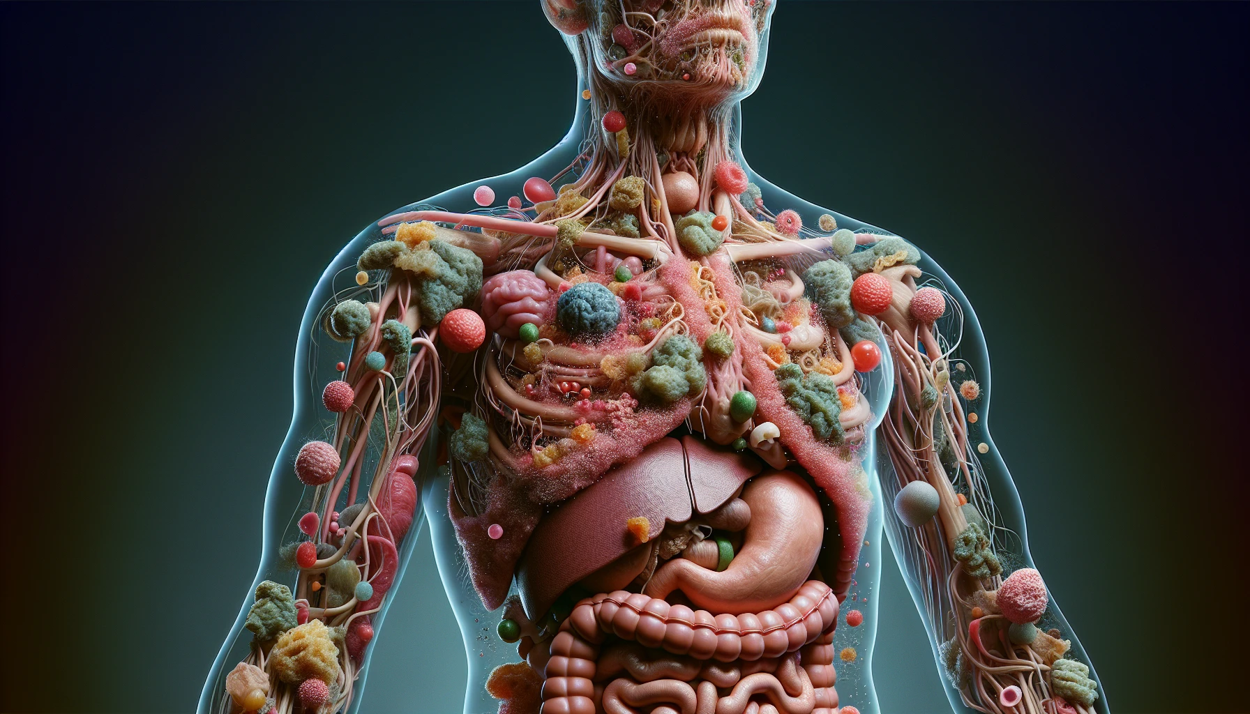 corpo umano anatomico che accumula tossine e malattie nel corpo , iperrealistico 4k emoji