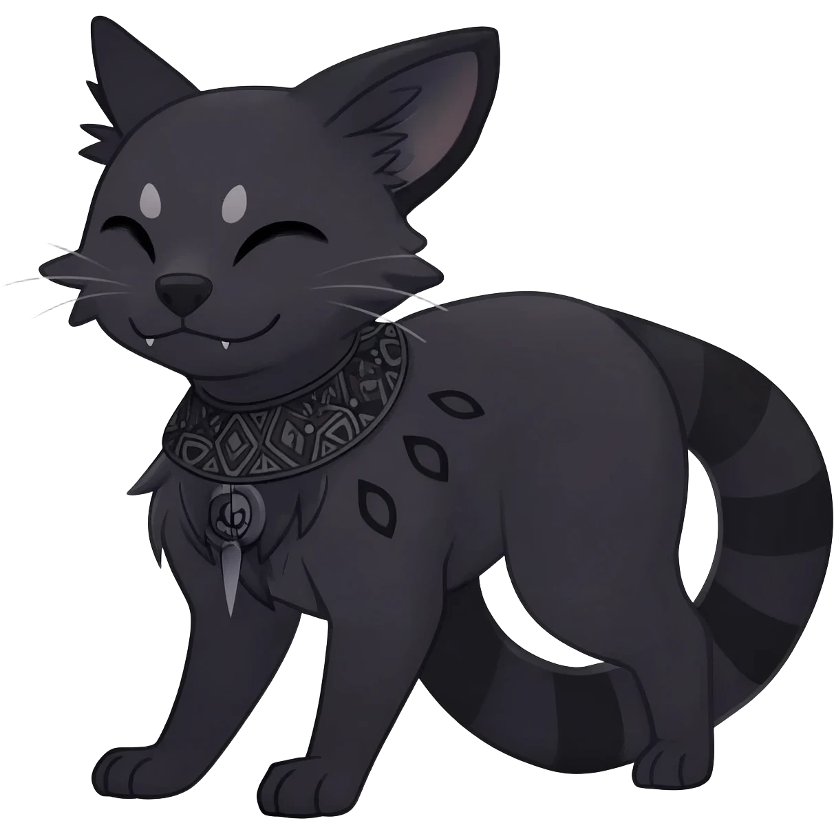 Rare dark dusky dull-colored exotic edgy cool epic aesthetic gothic emo Salandit-Litten-Houndoom-Civet-species-Fakemon-hybrid-creature, with a collar, and with intricate tribal markings, full body emoji
