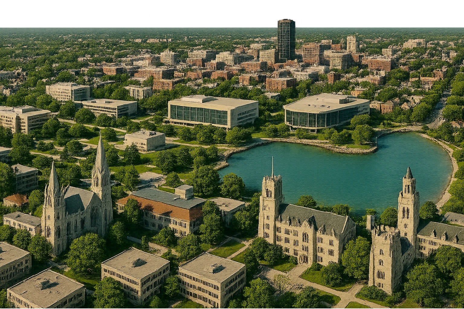 cinematic realistic emoji of Evanston, Illinois, city view with Northwestern University campus, Lake Michigan shoreline, downtown Evanston, and iconic university buildings, lifelike detail, accurate colors, bright daytime, no sky, no clouds, transparent background emoji