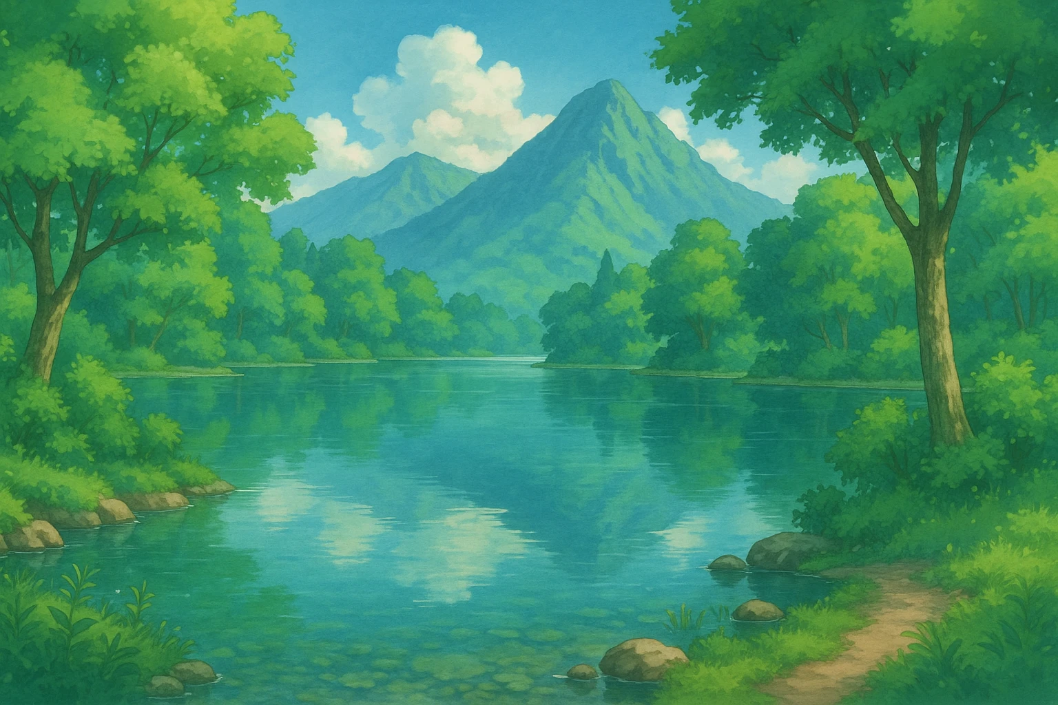 a lake surrounded by trees and mountains, ghibli-inspired style emoji