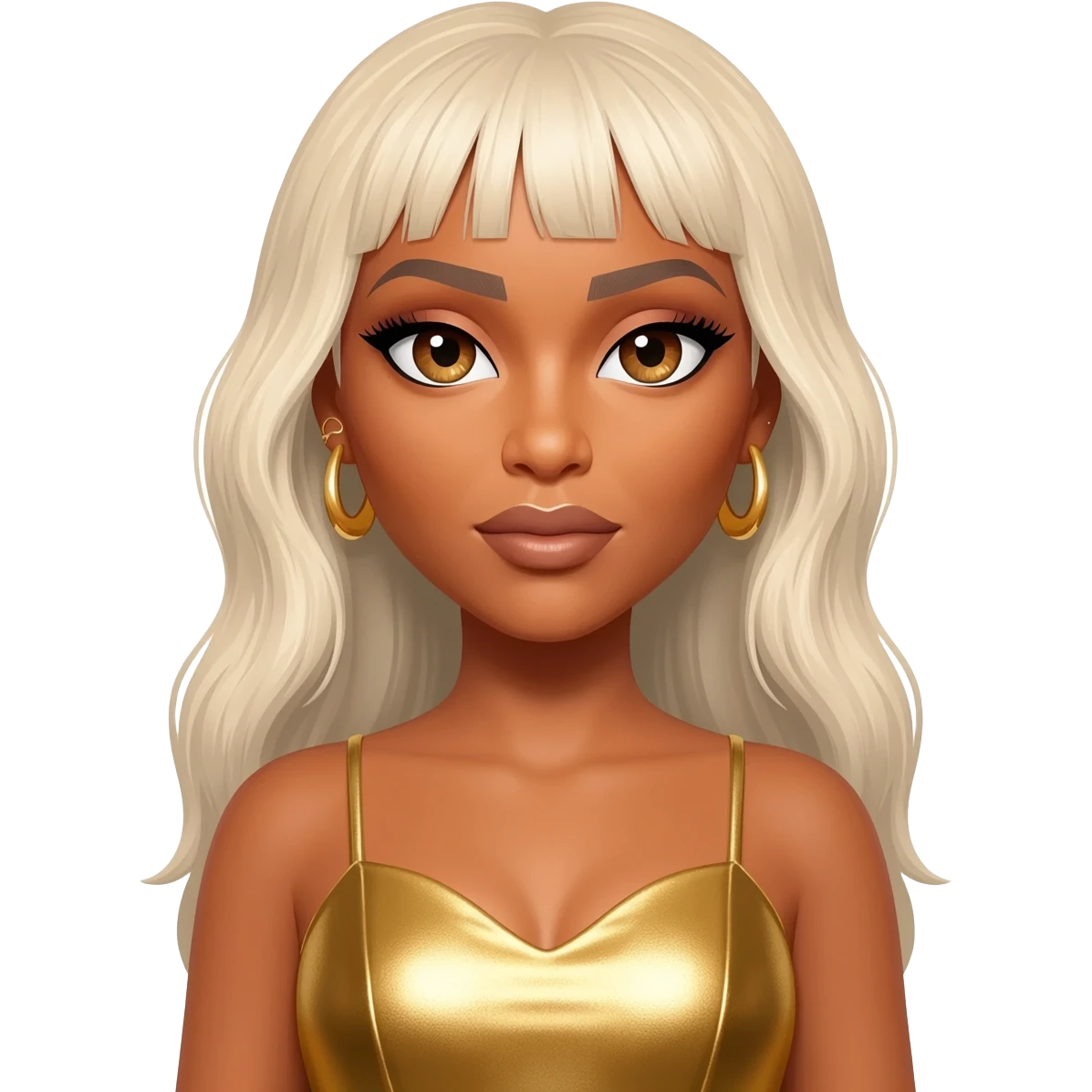 Beyonce with hazel eyes, long platinum blonde hair, gold metallic dress, gold earrings emoji