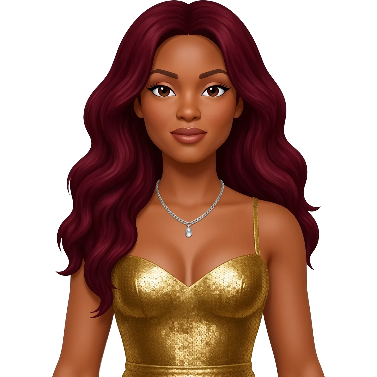 LaTavia Robeson from Destiny's Child with long dark red hair, gold metallic dress, silver necklace emoji
