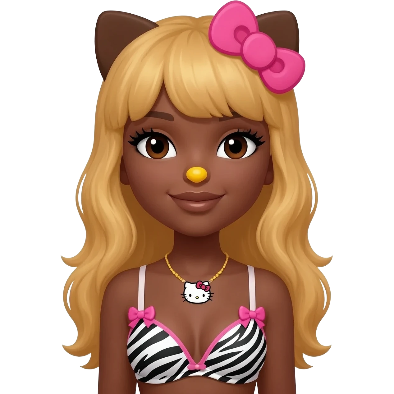 long lashes, bimbo, dark brown skin with honey blonde hair with hello kitty brown ears, with yellow nose, zebra print bra with pink bows, hello kitty necklace emoji