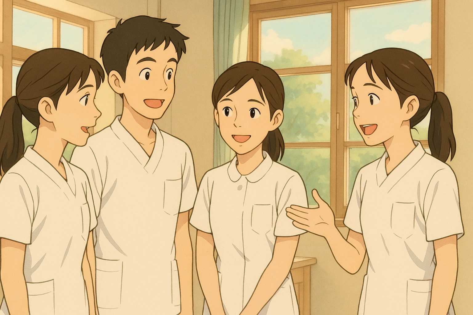 Scène Ghibli de quatre étudiants infirmiers en interaction, intérieur lumineux, uniformes blancs à manches courtes, tuniques col en V, poche poitrine à gauche, pas de pied de col, pas de stéthoscopes, avant-bras nus, cheveux longs attachés pour celles qui en ont. D'après les quatre visages fournis. emoji
