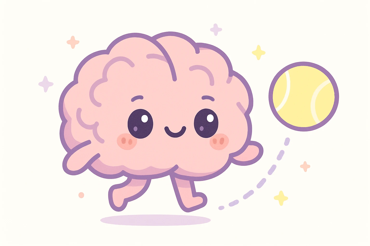 a brain bouncing a tennis ball, cute kawaii style emoji