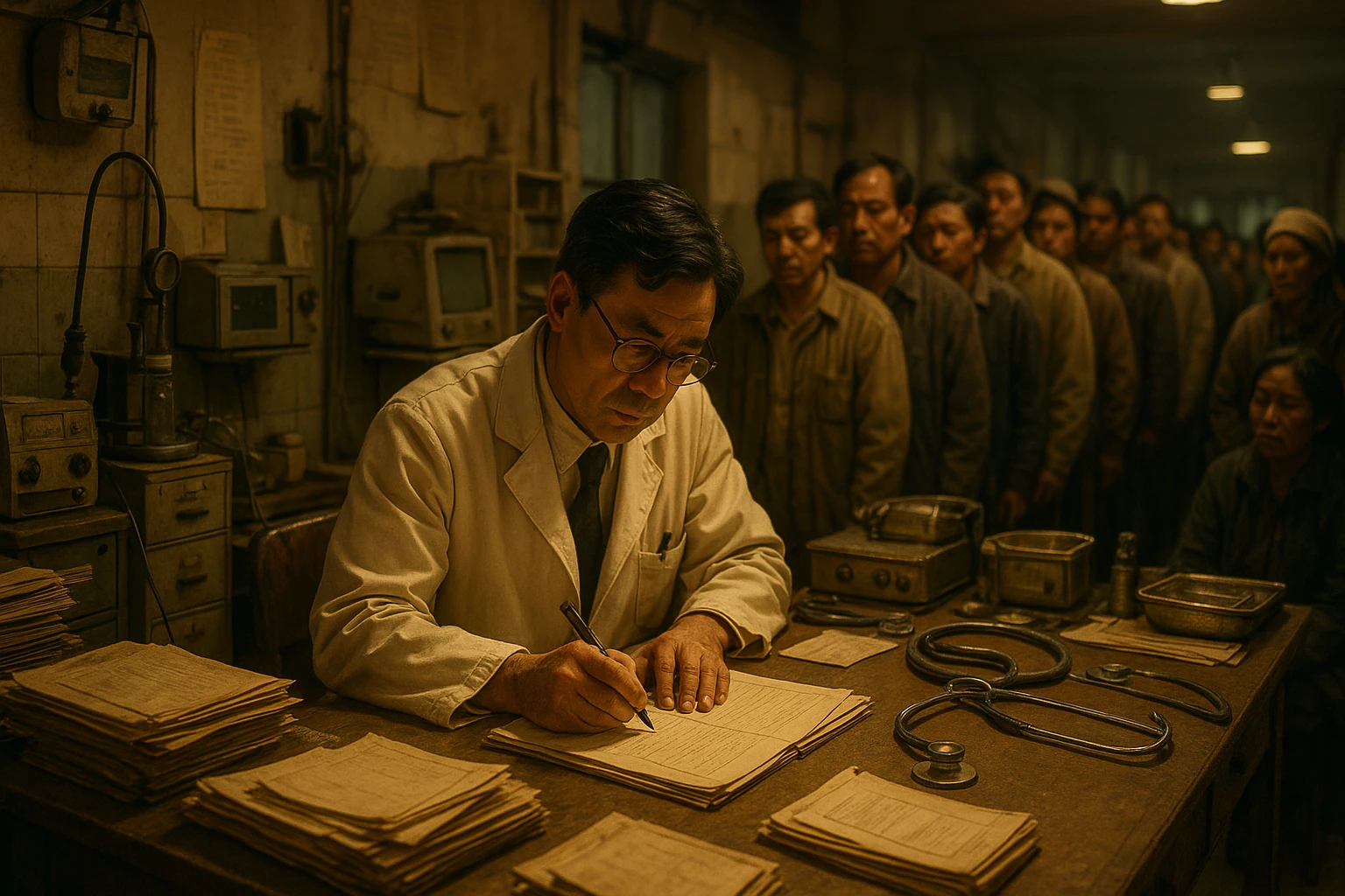 A doctor in a cluttered clinic, writing notes by hand, long line of patients, outdated medical equipment, no modern technology emoji