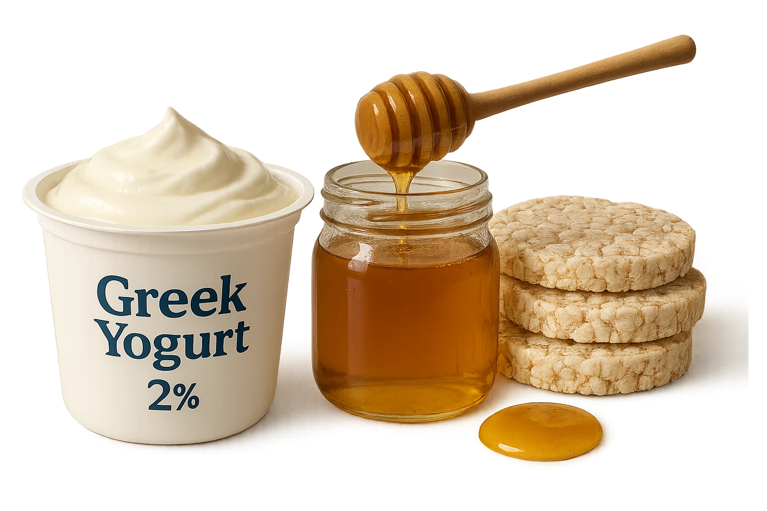 Yogurt Greco 2%
Miele
Gallette di Riso
vista frontale, iperrealistico 4k emoji