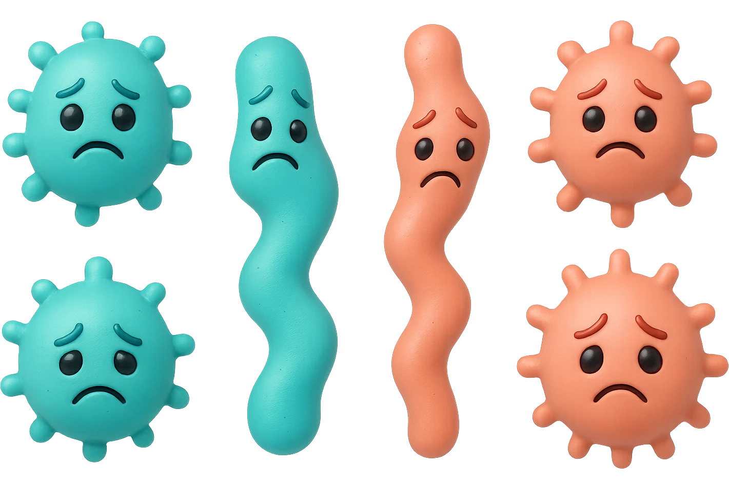 EMOJI STILE IPHONE DI 3 BATTERI INTESTINALI di forme diverse turchesi tristi e 3 batteri intestinali rosa salmone tristi CHE FLUTTUANO IN ARIA IPERREALISTICO 4K emoji