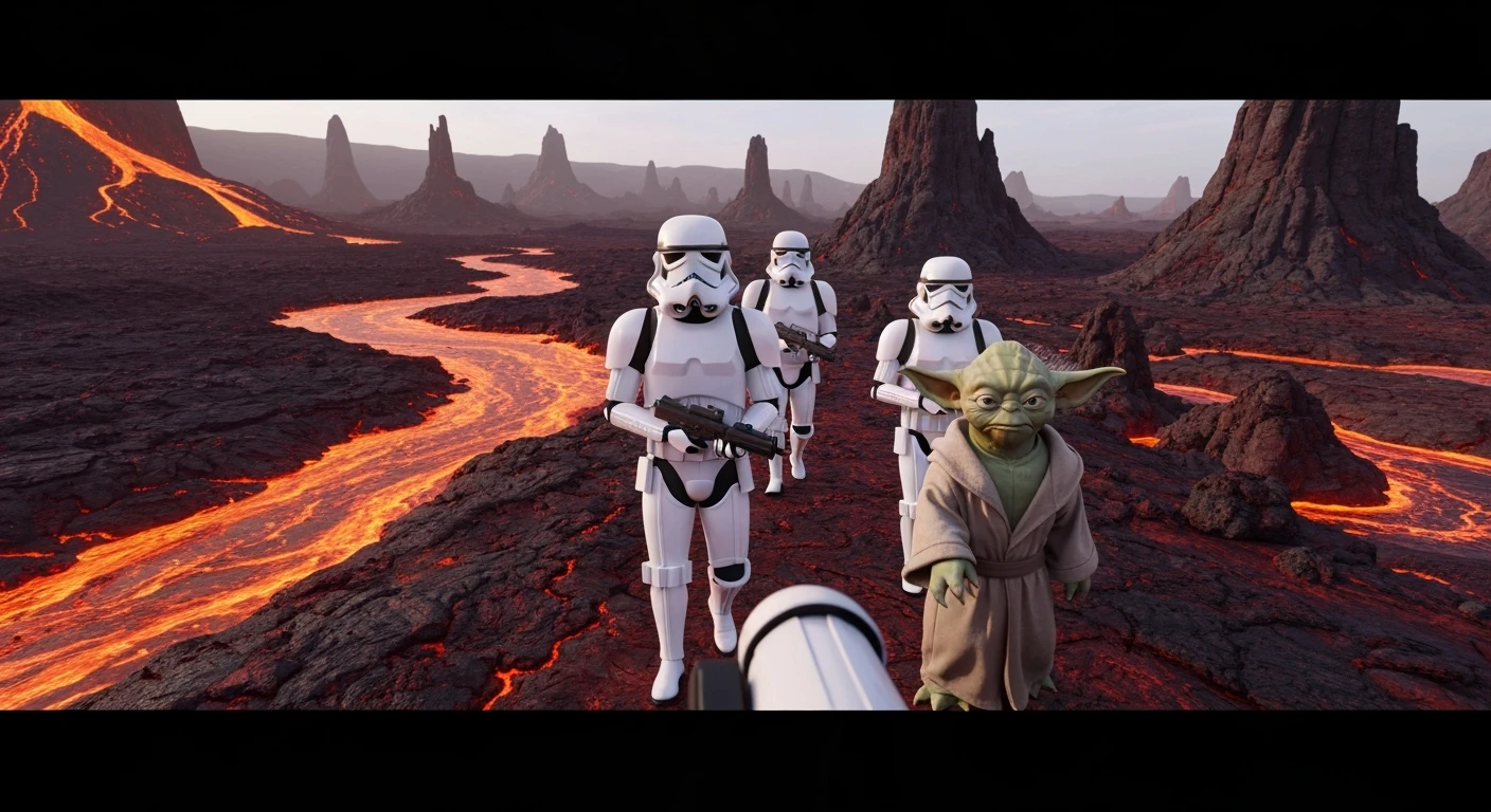 Shot on vlog camera, Starwars stormtroopers is walking on lava planet with yoda emoji