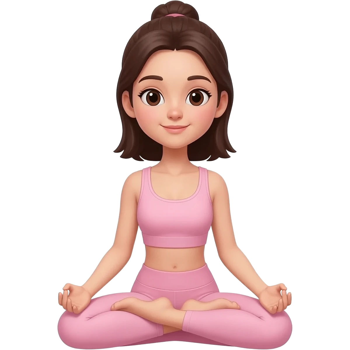Chica haciendo yoga que sea bonita cabello castaño oscuro y ropa de yoga rosa claro emoji