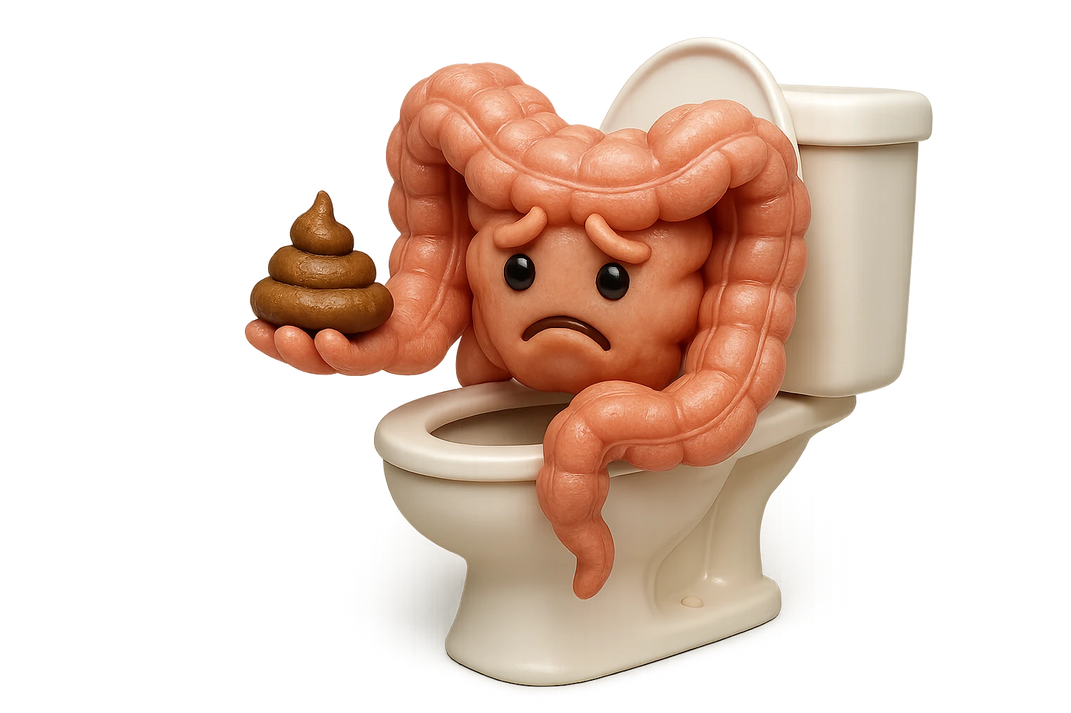emoji stile iphone di un intestino realistico 3d che esce dal wc con in mano una montagnetta di feci con espressione triste a palline, iperrealistico 4k emoji