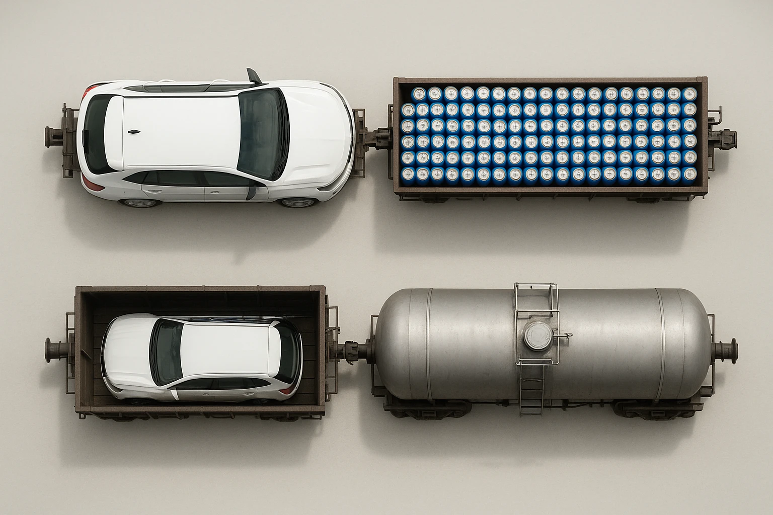 Вид строго сверху (top-down). Реалистичный грузовой поезд из трёх вагонов.
Вагон 1: внутри одна большая белая машина Chevrolet (без логотипов и без каких-либо надписей).
Вагон 2: много одинаковых банок синего цвета, похожих на напиток Pepsi, уложенных плотными рядами, но без логотипов и надписей.
Вагон 3: железнодорожная цистерна для газа, полностью реалистичная, без надписей, без маркировки, без символов.
Ничего не обрезано, весь поезд полностью помещается в кадр сверху. Чистый нейтральный фон, без окружения. Максимальная реалистичность, ровный свет. emoji