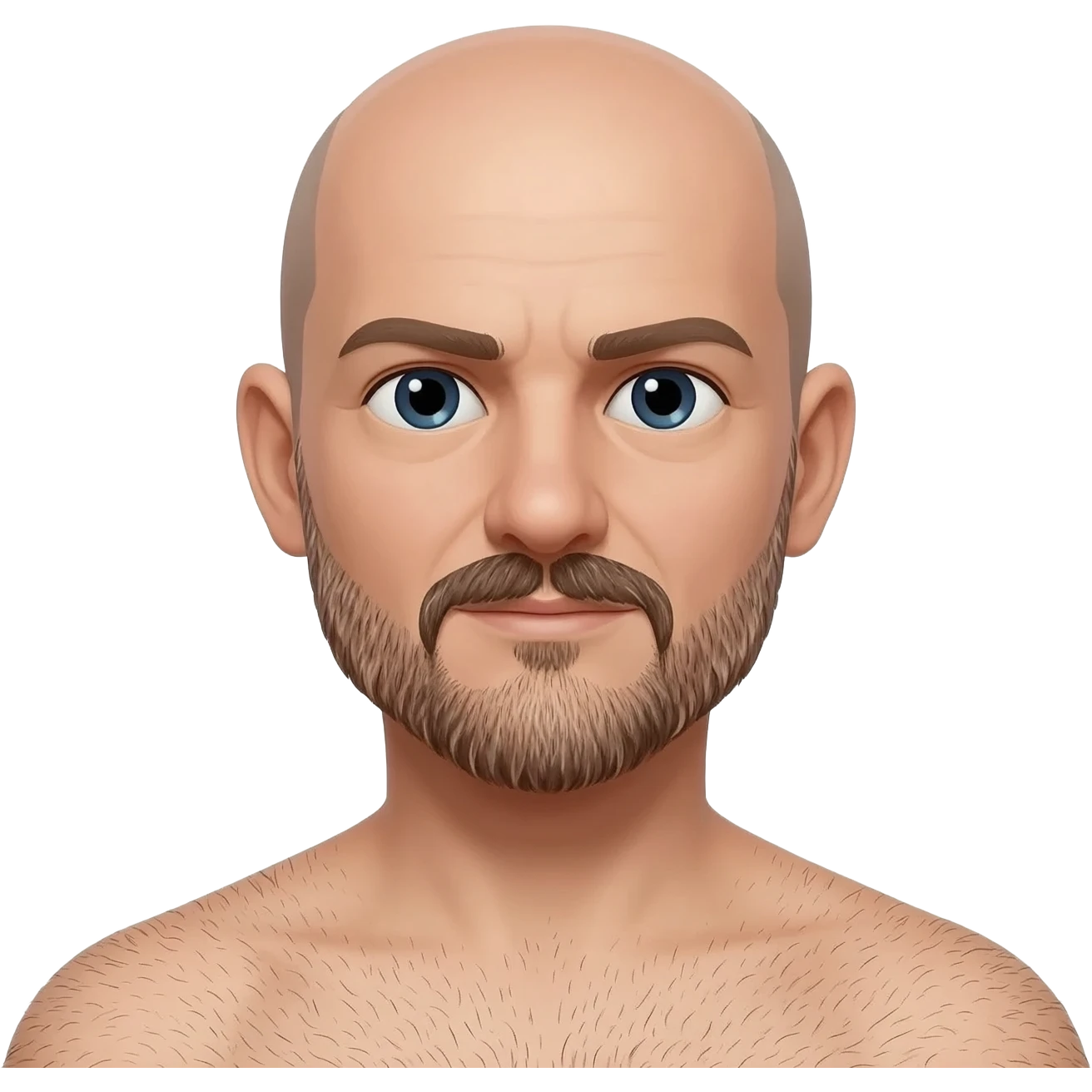 Bald 35 year old man with mustache and beard. Slightly hairy chest emoji