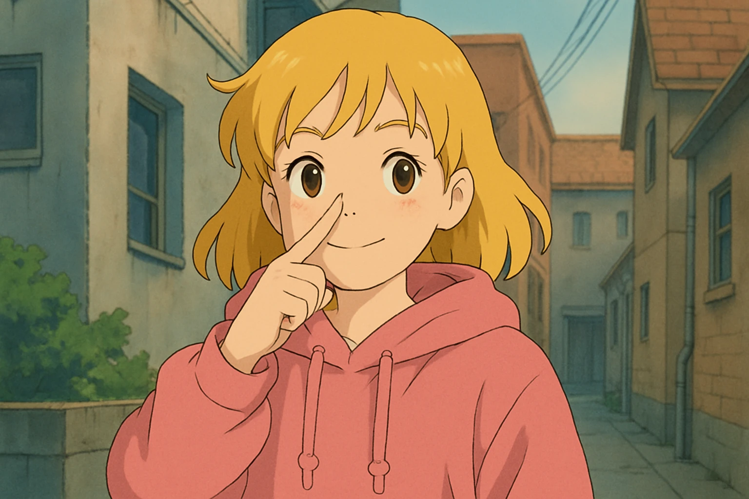 A girl yellow hair brown eyes pink Urban Heavy Loose Fit Hood Sweat touch your nose  emoji