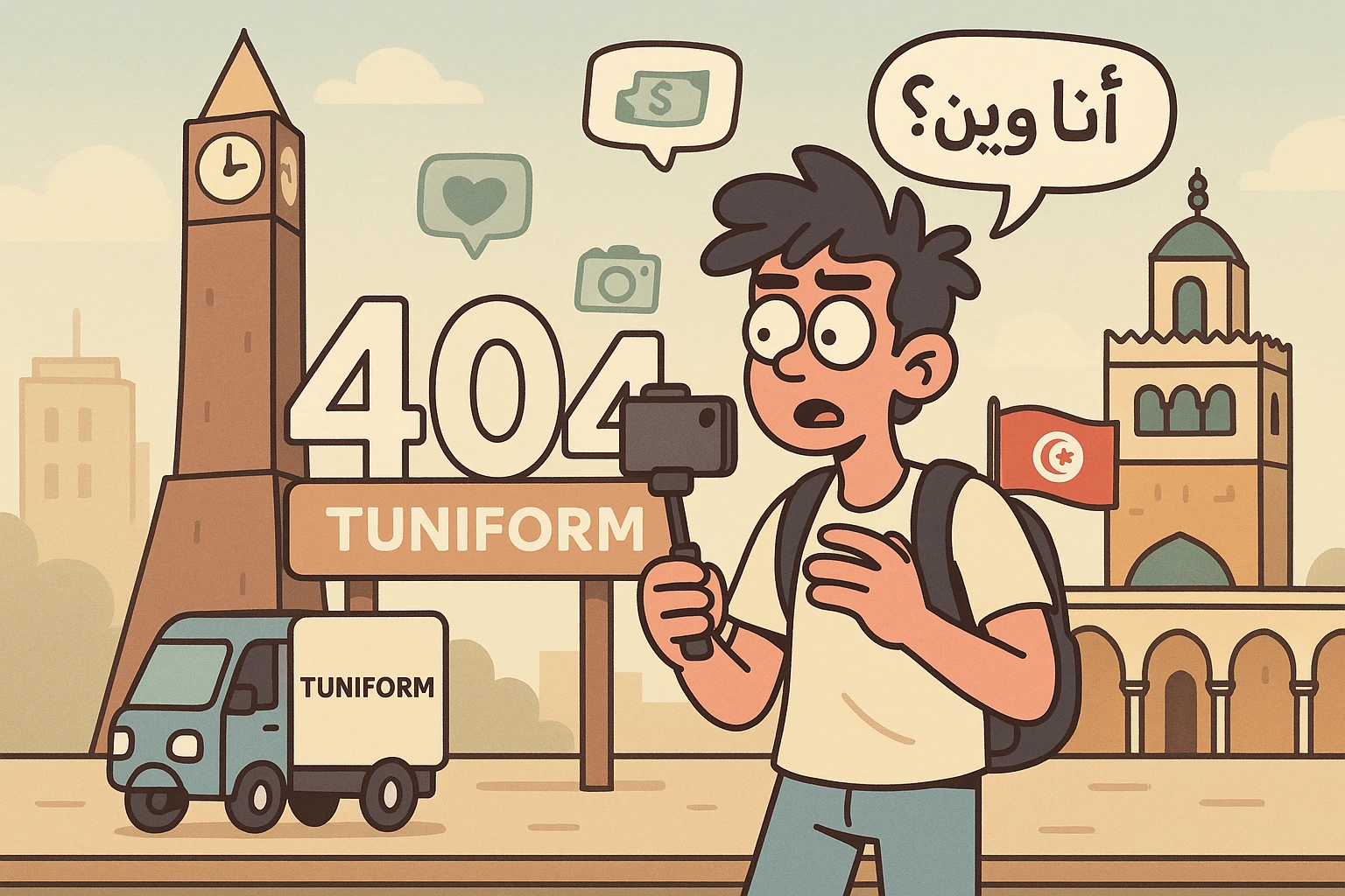 404 error page illustration for "Tuniform" Tunisian social media startup in flat modern vector art style, featuring Tunisian urban vibe with Clock Tower of Tunis, Zitouna Mosque, Tunisian flag (red, white, crescent, star), "404" sign in Tunisian-style environment, small delivery truck or scooter, one or two young Gen Z Tunisian content creators with phone in hand filming or posting, speech bubble saying “أنا وين؟”, light background fog or soft gradient, color palette of red, white, light beige, soft blue, subtle social media and monetization icons (💬, 💸, 📸), clean vector lines, pastel, soft shadows, modern SaaS illustration style emoji