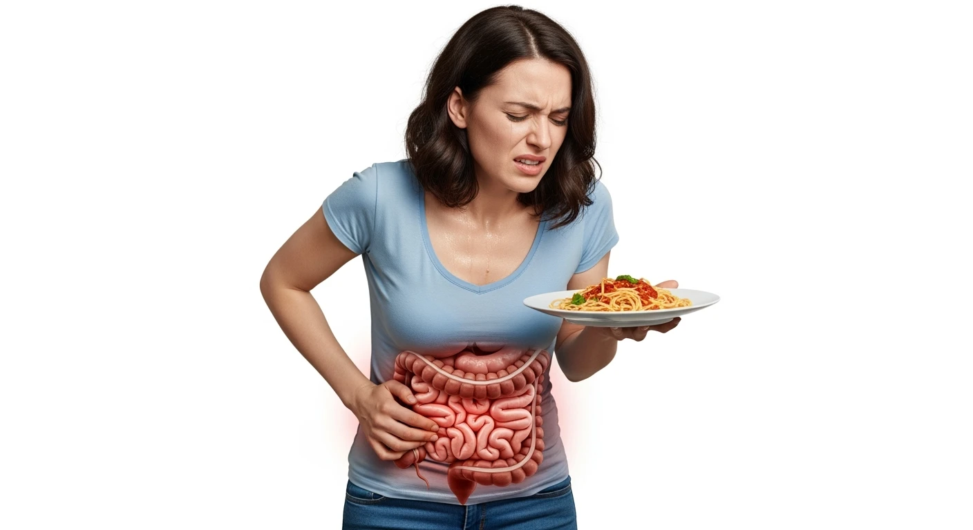 DONNA CHE TIENE UN PIATTO DI PASTA IN MANO MANGIATO PER METà, HA MAL DI PANCIA E INTESTINO UMANO ANATOMICO REALISTICO IN EVIDENZA, iperrealistico 4k, ISOLATA SU SFONDO BIANCO emoji