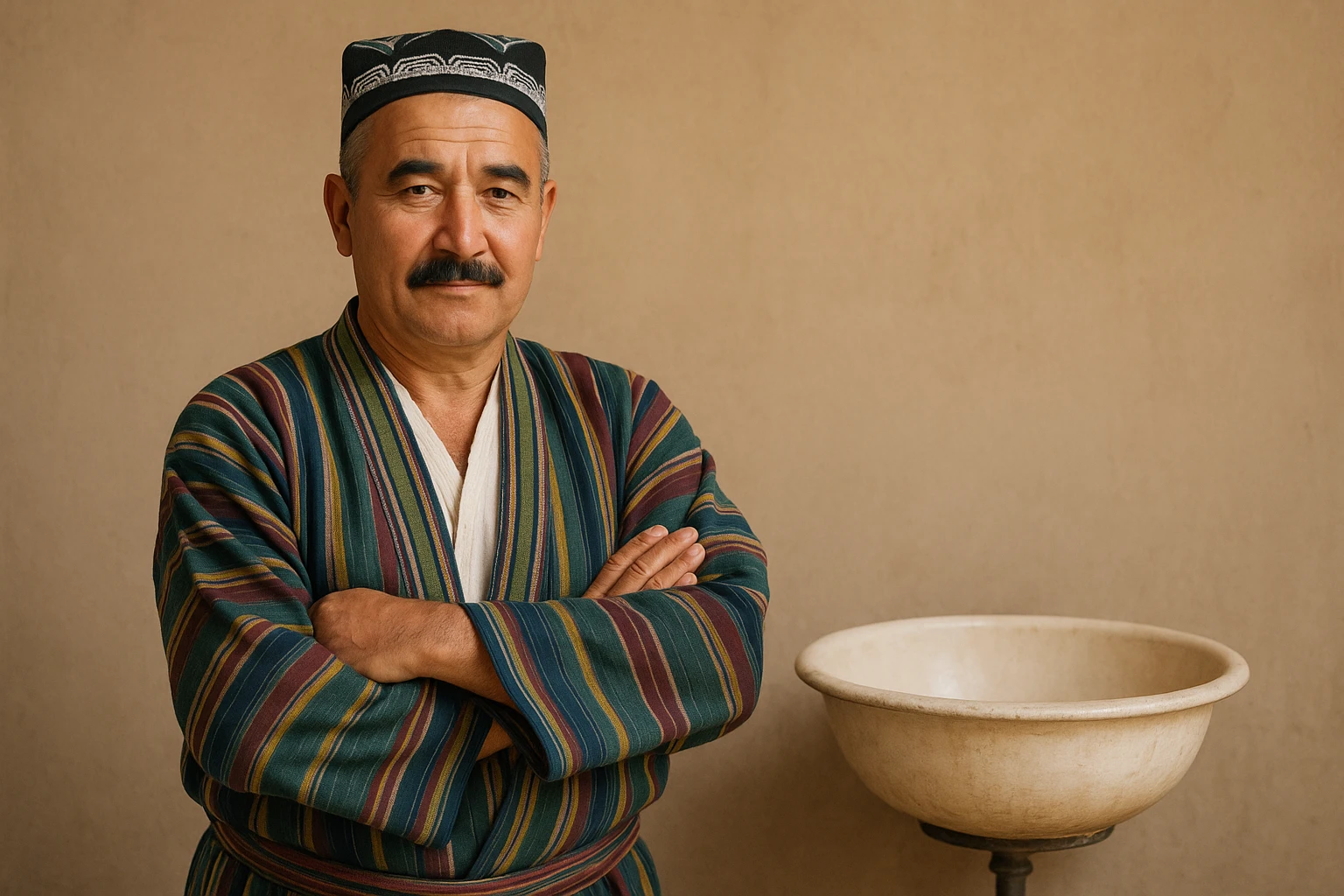 uzbek sartaroshi qo'lini qovushtirib turibdi yon taraf sal pastroq rakusdan emoji