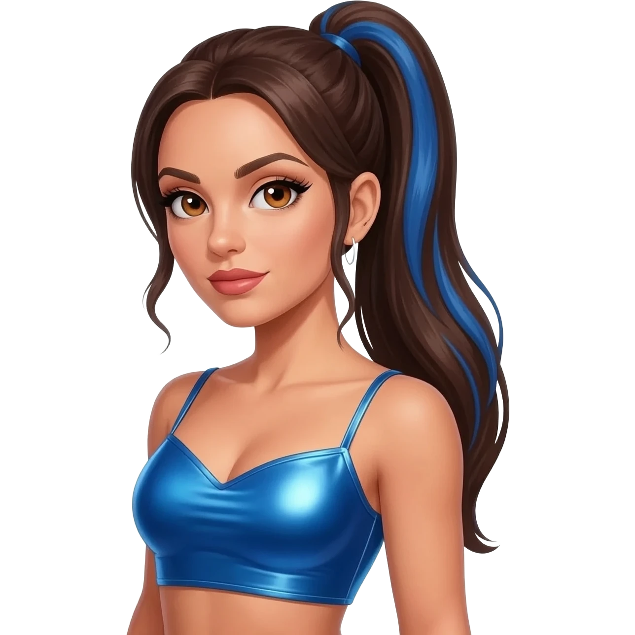 Sporty Spice from Spice Girls with hazel eyes, long dark brown ponytail hair with blue highlights, blue metallic sweetheart crop top emoji