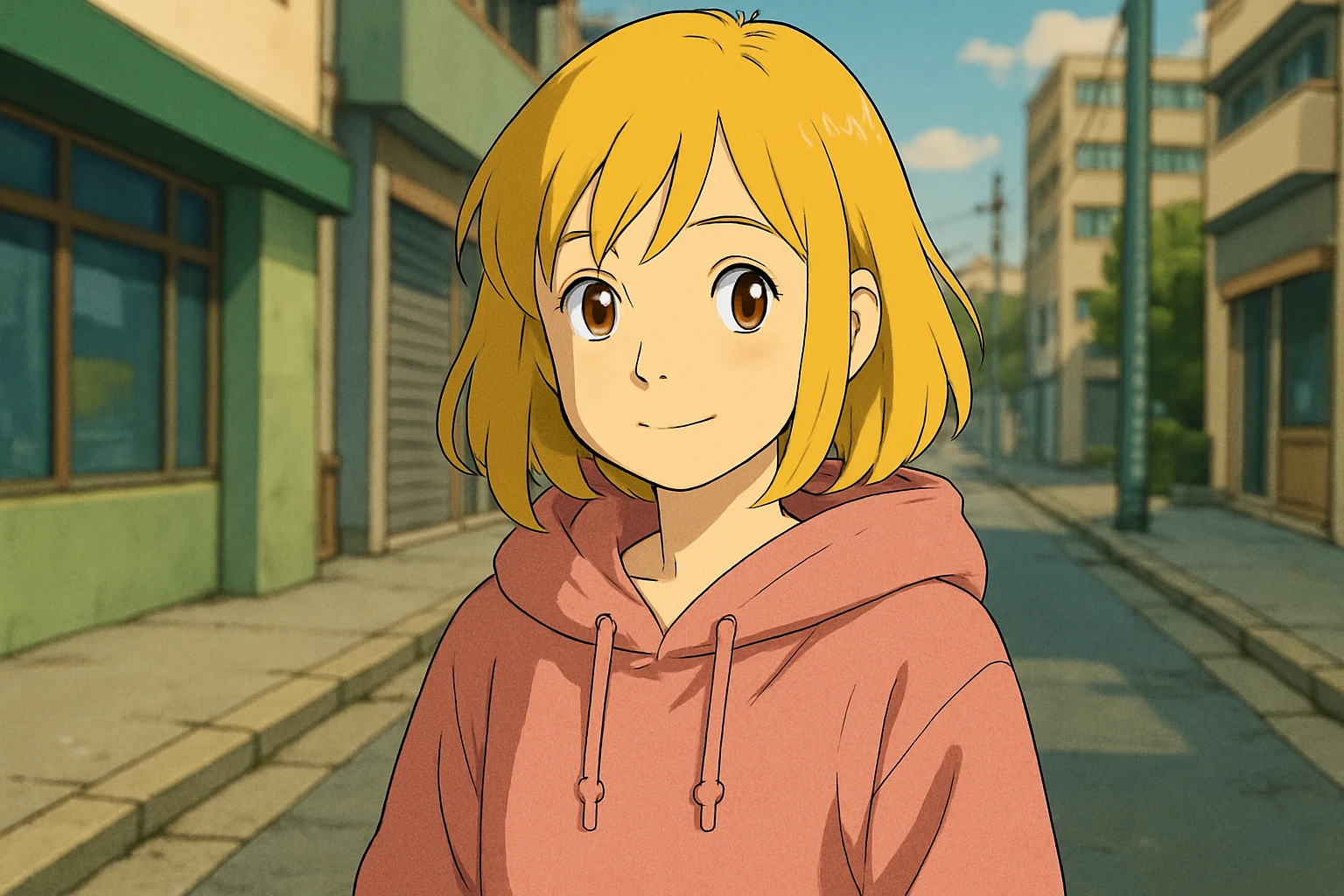 A girl yellow hair brown eyes pink Urban Heavy Loose Fit Hood Sweat emoji