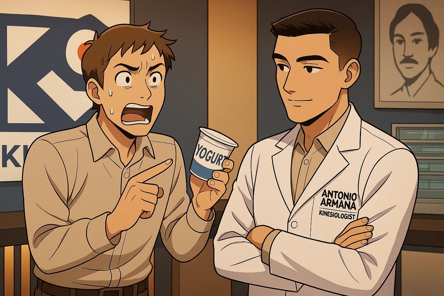 fai un webtoon manga a colori con questo stile, in cui un uomo chiede al kinesiologo con il camice bianco (fagli anche la scritta "ANTONIO ANANIA" SUL CAMICE, una domanda e il kinesiologo gli risponde, L'UOMO INDICA LO YOGURT CHE HA IN MANO ED è MOLTO ALLARMATO NEL FARE LA DOMANDA. non fare i fumetti però, fai solo in modo che sembri stiano parlando emoji