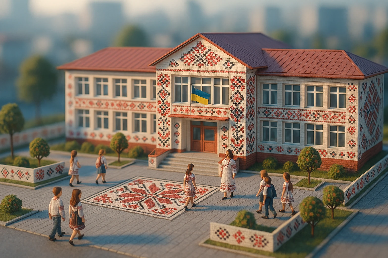 Highly detailed 3D model of a tilt-shift diorama depicting a modern Ukrainian school in the style of embroidery. Includes students and teachers. Cool morning light, dreamy and calm mood, blurred cityscape background. emoji