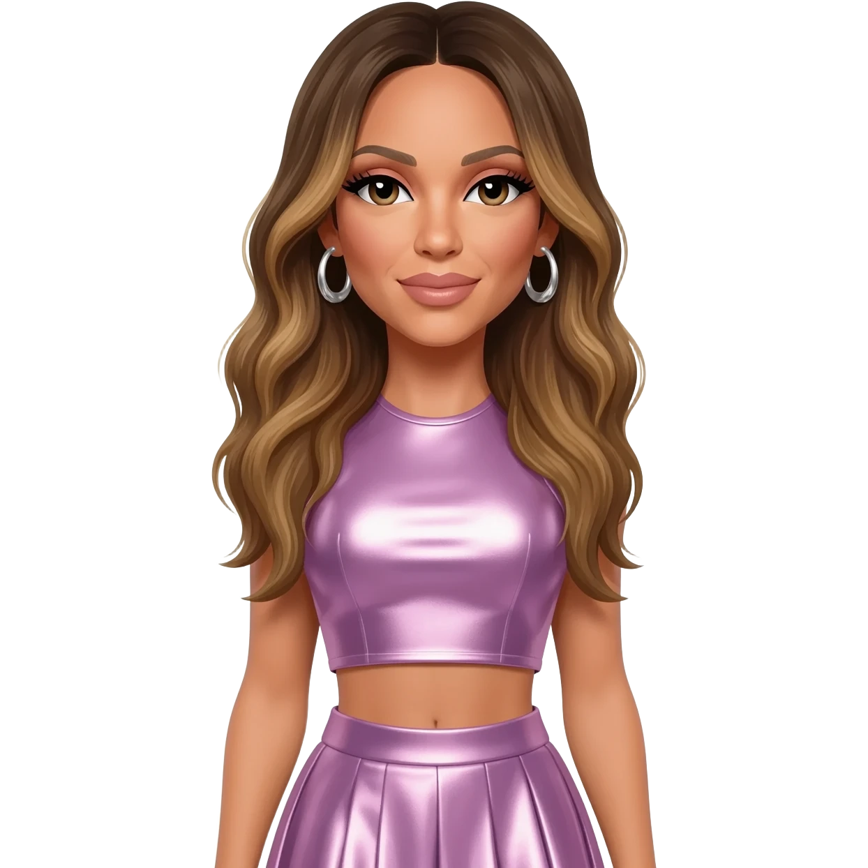 Mariah Carey with long dark blonde hair, lavender pink metallic crop top, lavender pink metallic skirt, silver earrings emoji