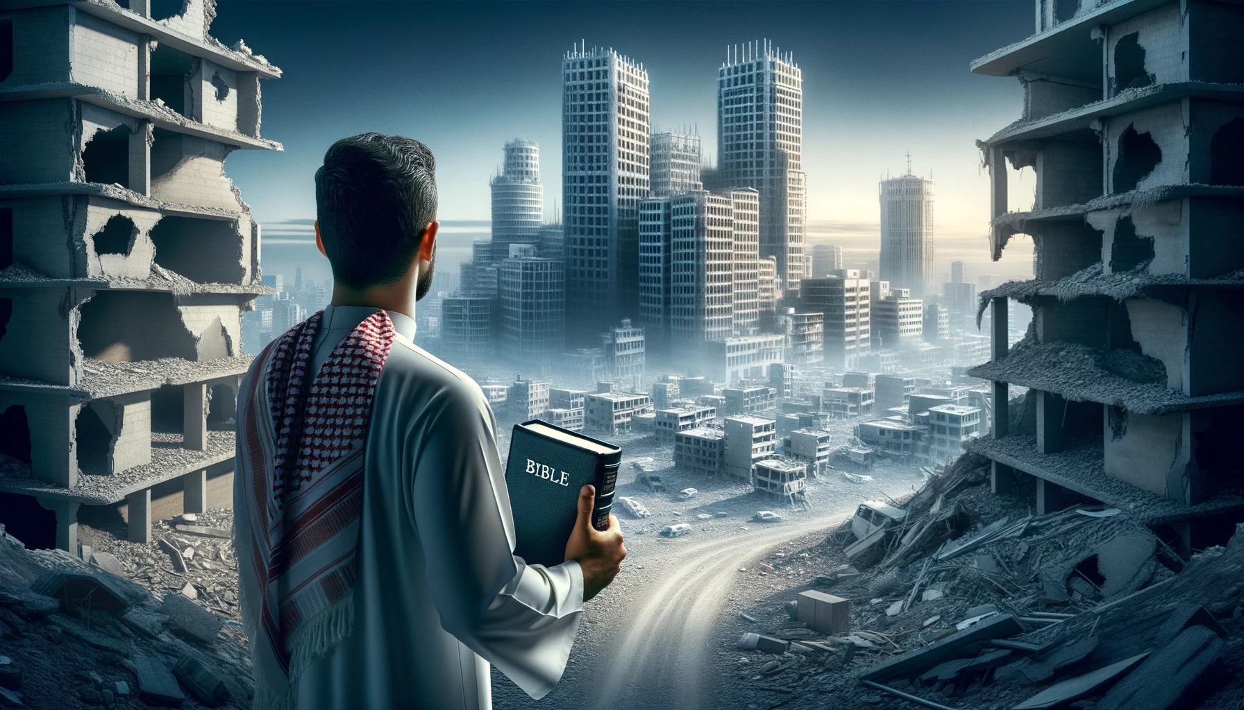 UOMO DI SPALLE DAVANTI AD UNA CITTà SMANTELLATA SENZA MURA CON UNA BIBBIA IN MANO, GUARDA LA CITTà, IPERREALISTICO 4K emoji