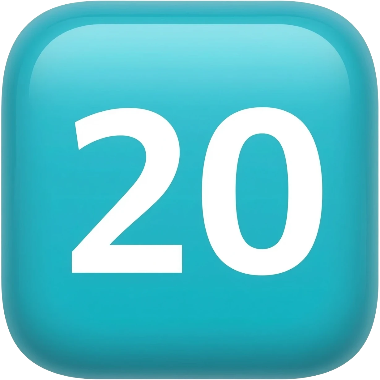 "3D premium,3D rounded-square icon in strong Cyan with a beveled edge, bold serif white letter '20'centered, strong specular highlights, inner glow, 1024x1024, png" emoji