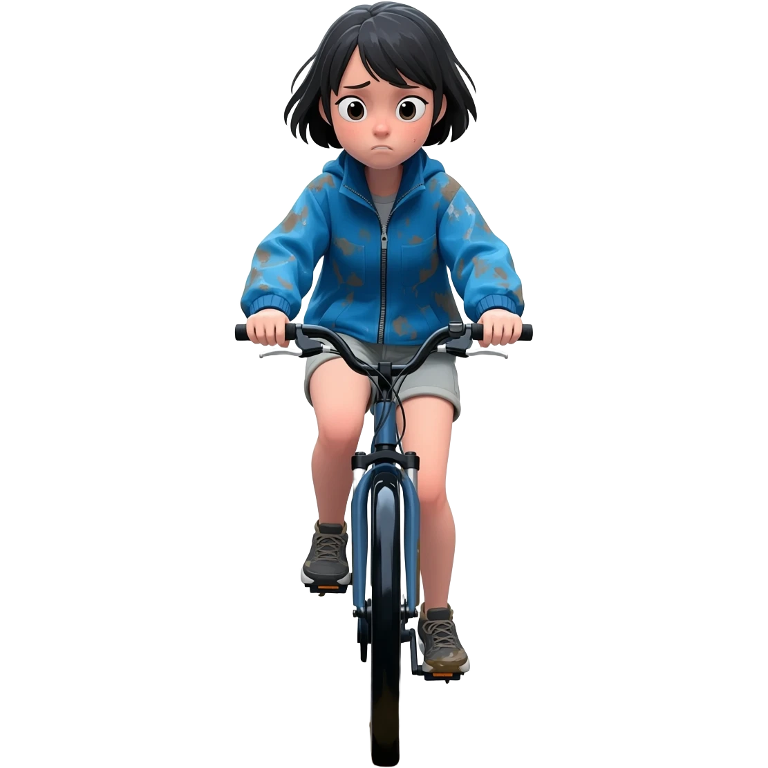 Short haired  girl cycling toward viewer not happy getting splashed by rain and muck emoji