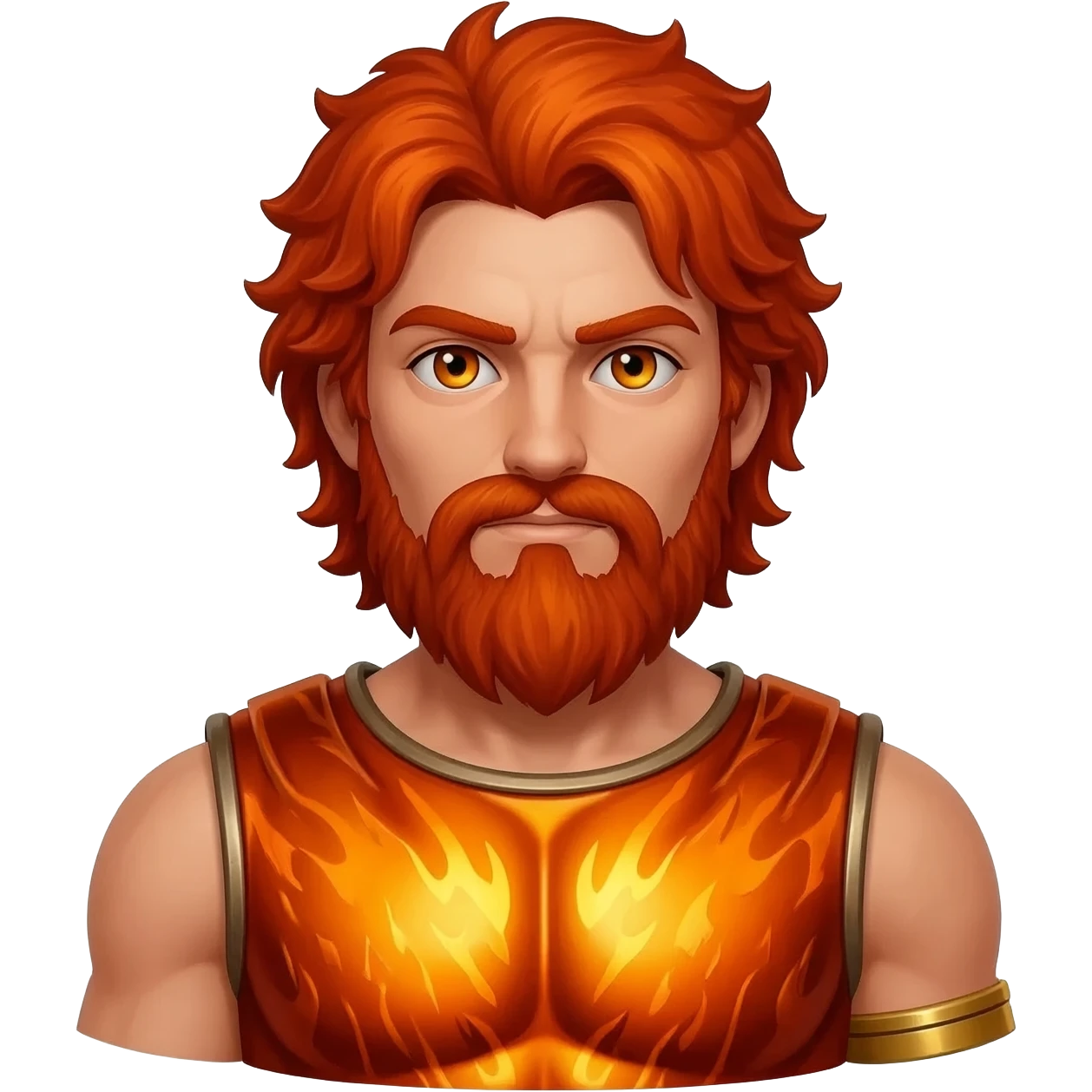 Vulcan from Roman Mythology with amber eyes, red hair, burnt orange metallic tunic emoji