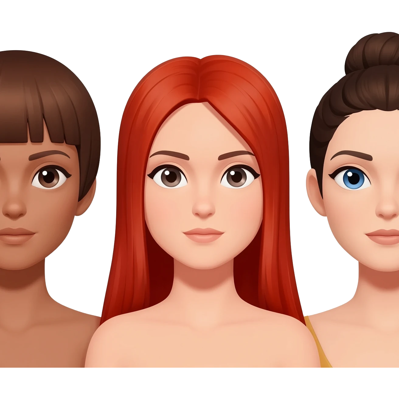 Trois femme (troupeppurquoi celle de droite est noire ? Blanche aux yeux bleus stp) une brune cheveux au carré, une rousse cheveux longs et raides, une châtain avec un chignon emoji