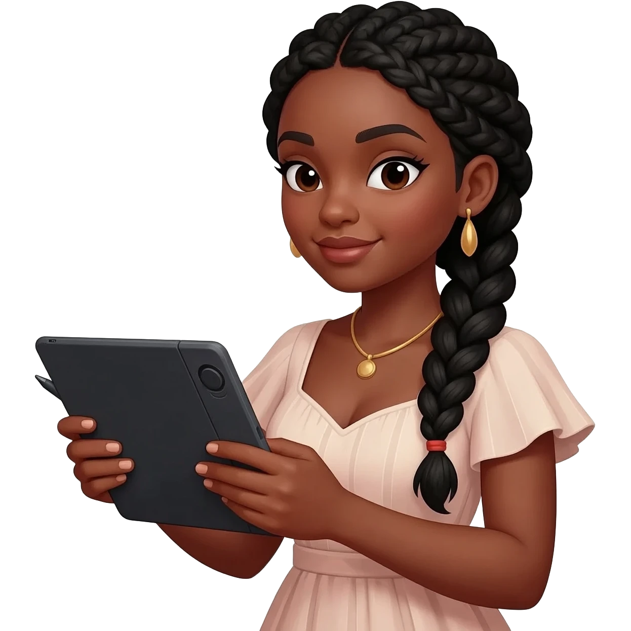Emoji représentant une femme à la peau marron avec de longues braids noires et portant une belle tenue, regardant la tablette graphique dans ses mains emoji