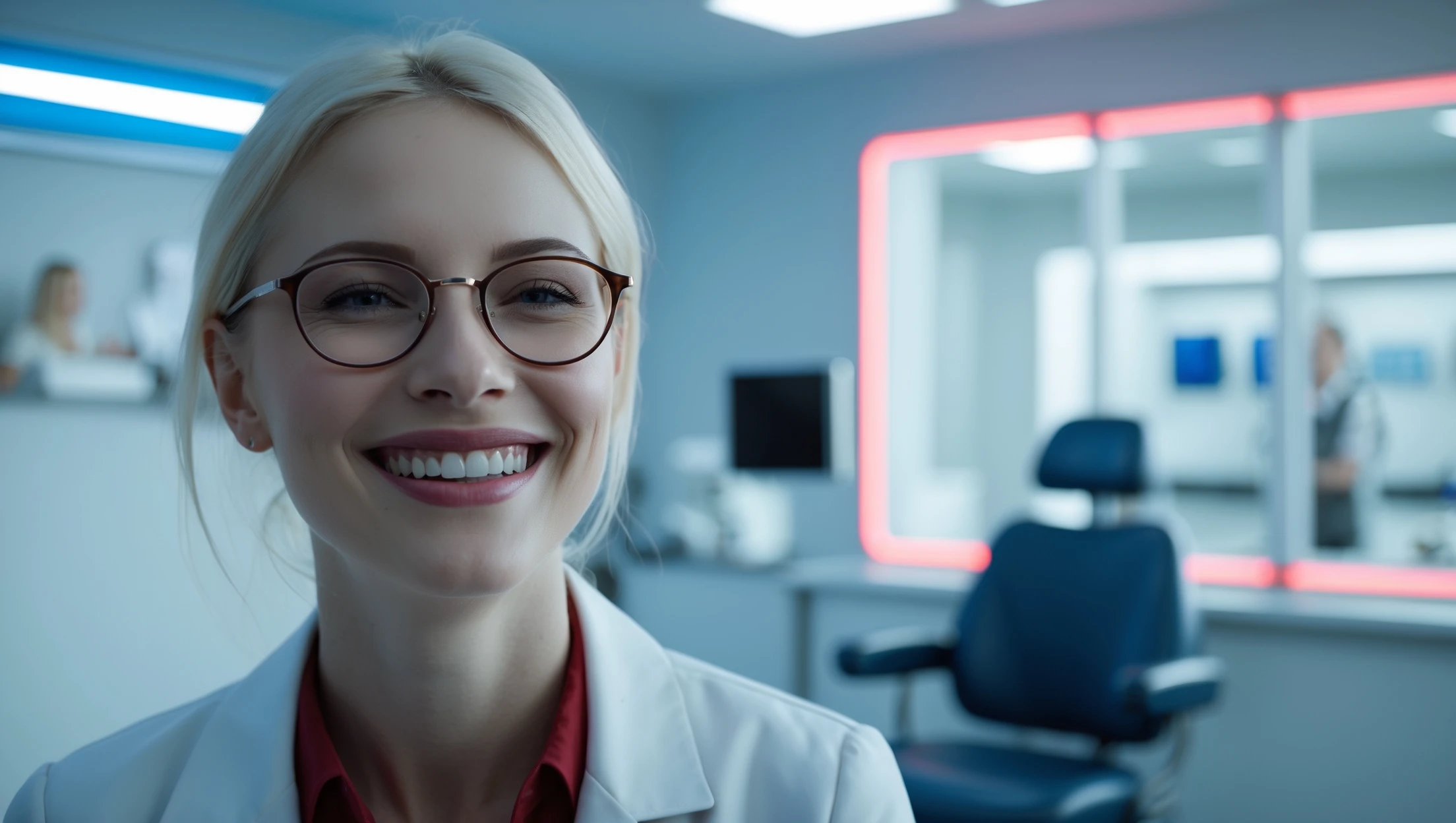Cinematic still, Proffesional advertising of a smiling european white woman with glasses smiling, minimalistic ophthalmologist interior in background, leading  lines, "rule of thirds", 60/30/10 colors, soft light, blue and red emoji