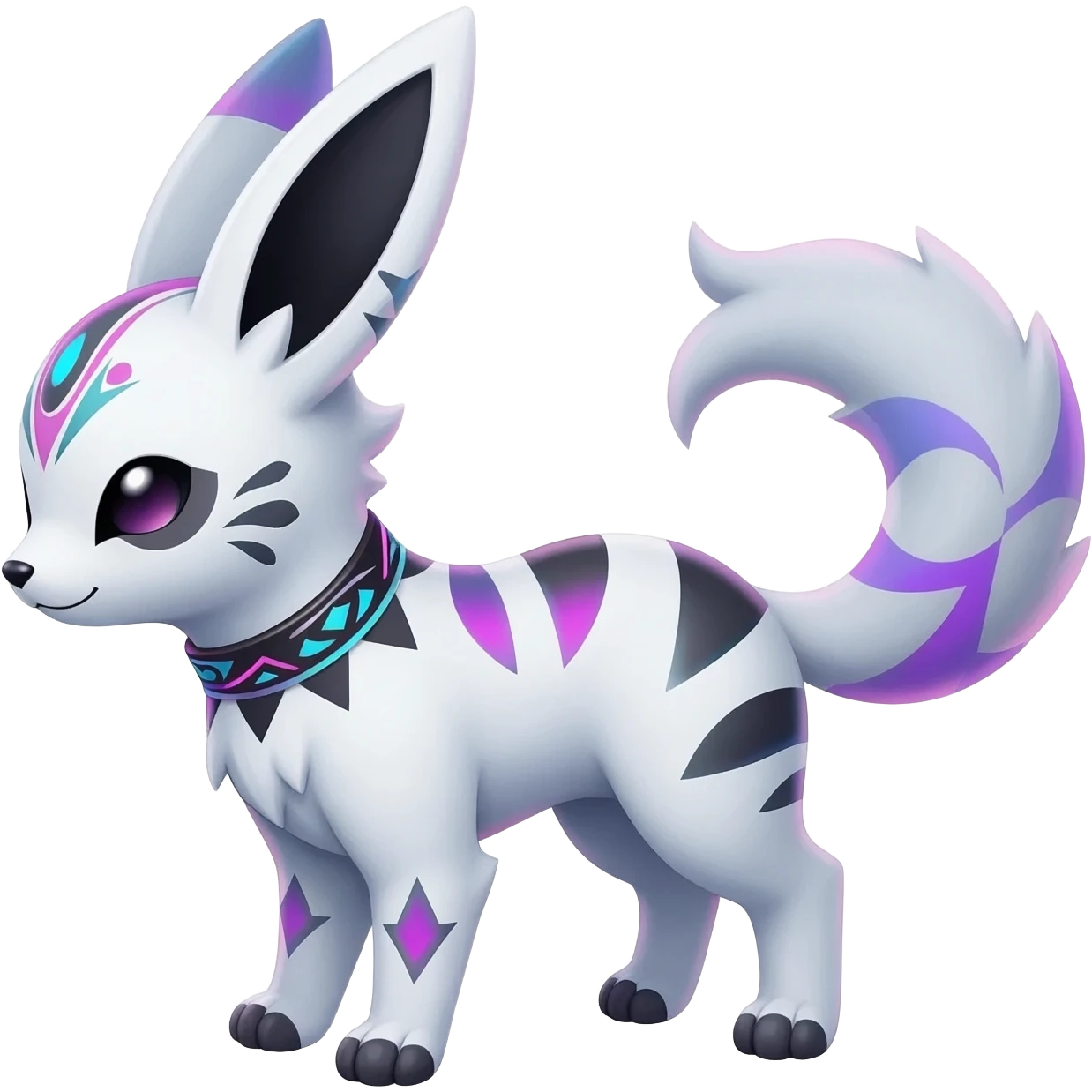 Rare cute edgy cool elegant beautiful neon iridescent white exotic cute epic aesthetic gothic colorful Salandit-Eevee-Civet-species-Fakemon-hybrid-creature, with a collar, and with intricate tribal markings, full body emoji