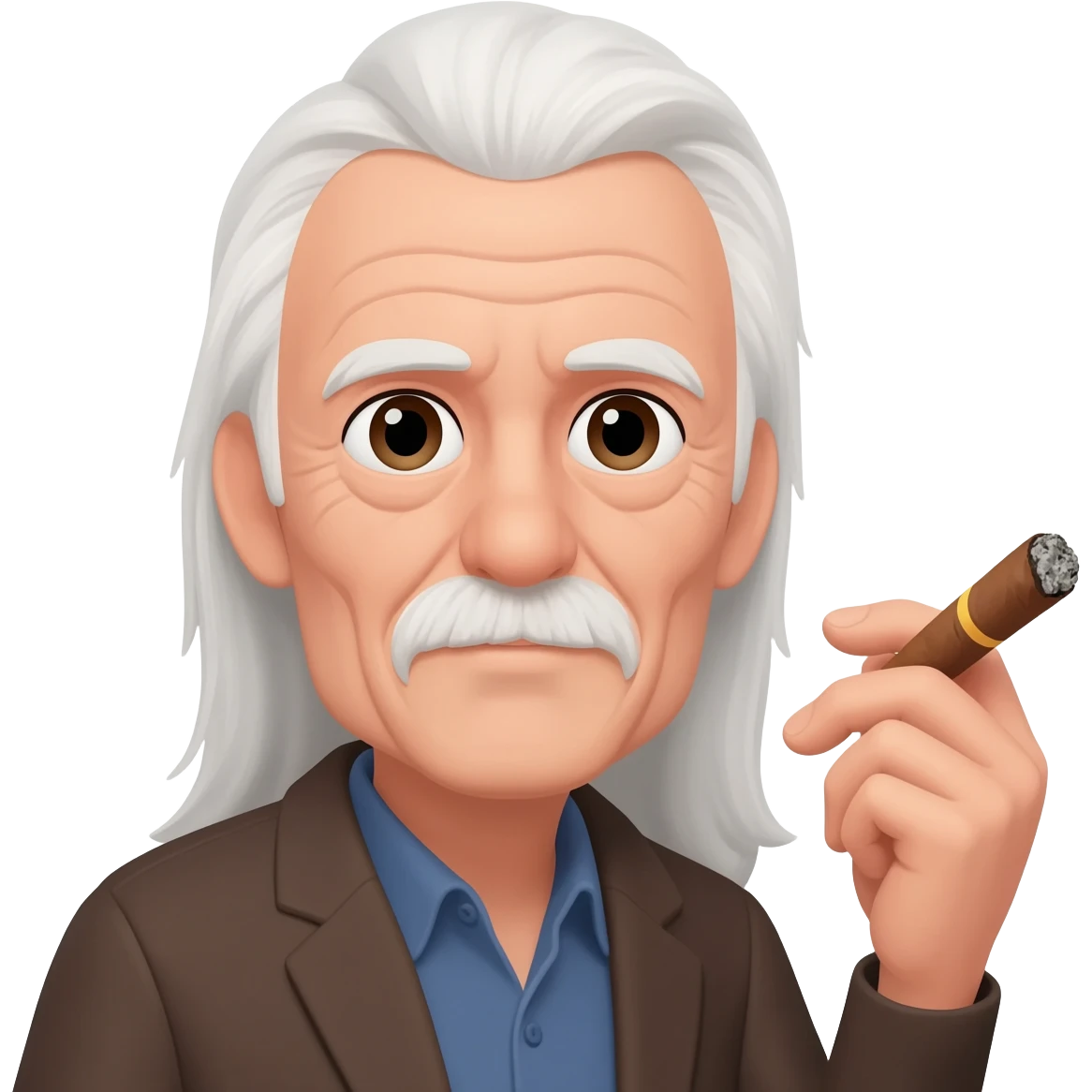 Old man with long white hair no facial hair and no hat holding a cigar emoji