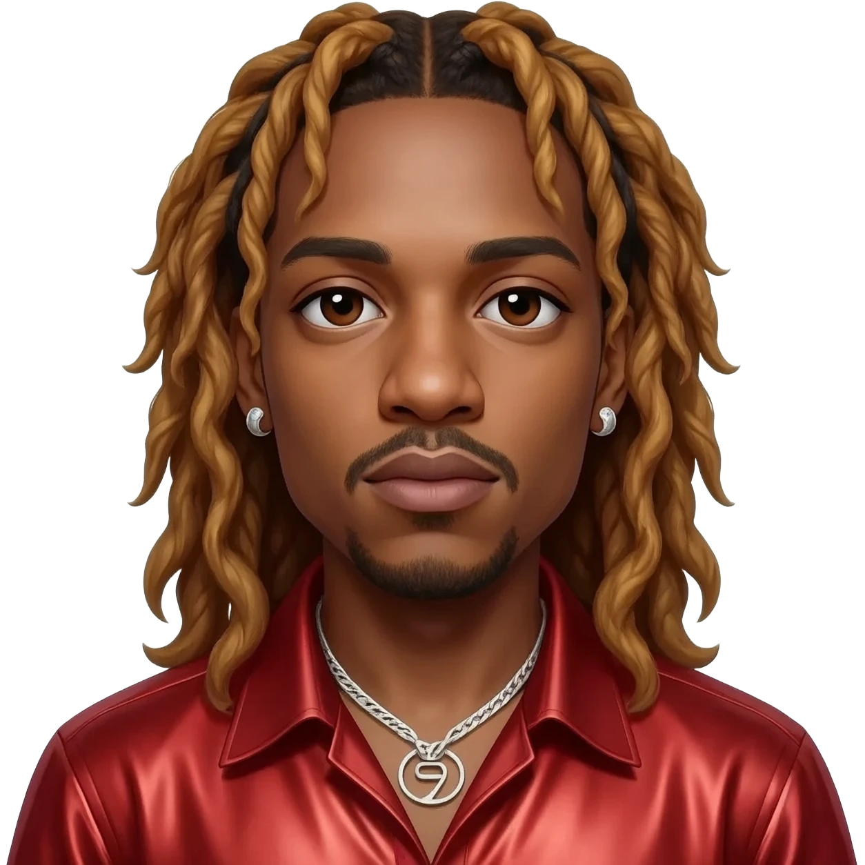 Lil Wayne with dark brown eyes, long reddish blonde hair, red metallic shirt, silver necklace and short earrings emoji