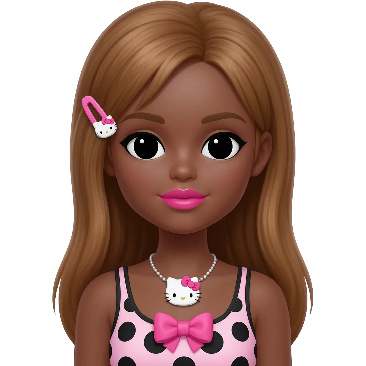 my melody hairclip, Doll faced shaped, hello kitty necklace, bimbo, black doll eyes, Big lips barbie, long dark brown skin with honey brown hair, bimbocore outfit light pink and black polkadots tank top with designed pink bow on it emoji